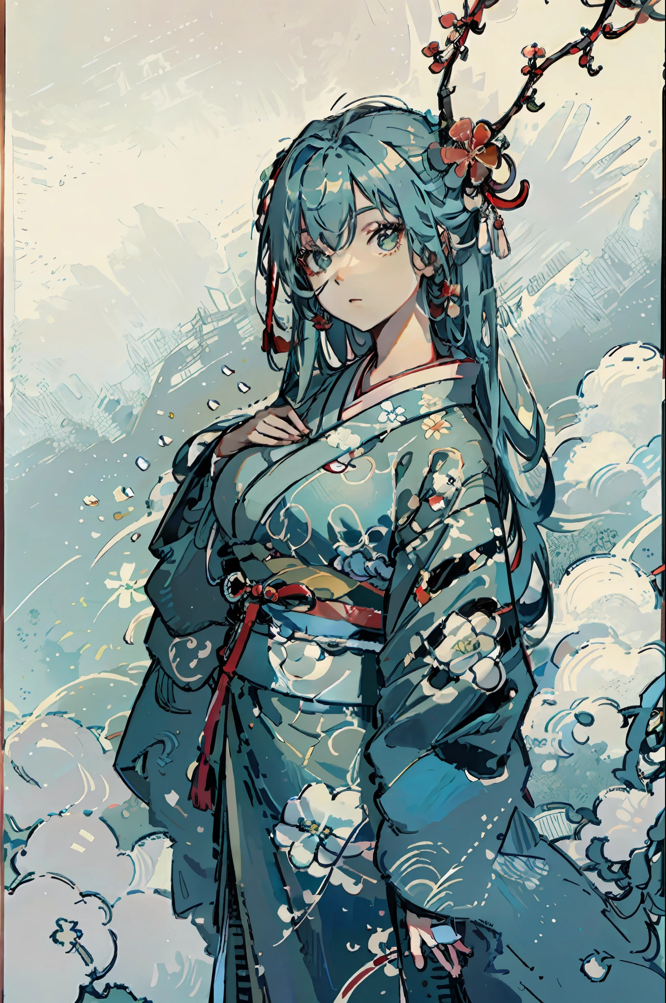 perfect anatomy, Hi-Res, High Quality, masterpiece, best quality, high resolution, Art-Nouveou-Style, araffe woman in a kimono with a flower in her hair, big breasts, crystal green eyes, beautiful japanese girls face, japaneese style, in kimono, wearing kimono, traditional japanese, japanese model, japanese clothes, japanese style, hanfu, shinsui ito, japanese kimono, Middle metaverse, sakimichan, Middle metaverse, wearing a kimono, floral hanfu, pop-art, 60s