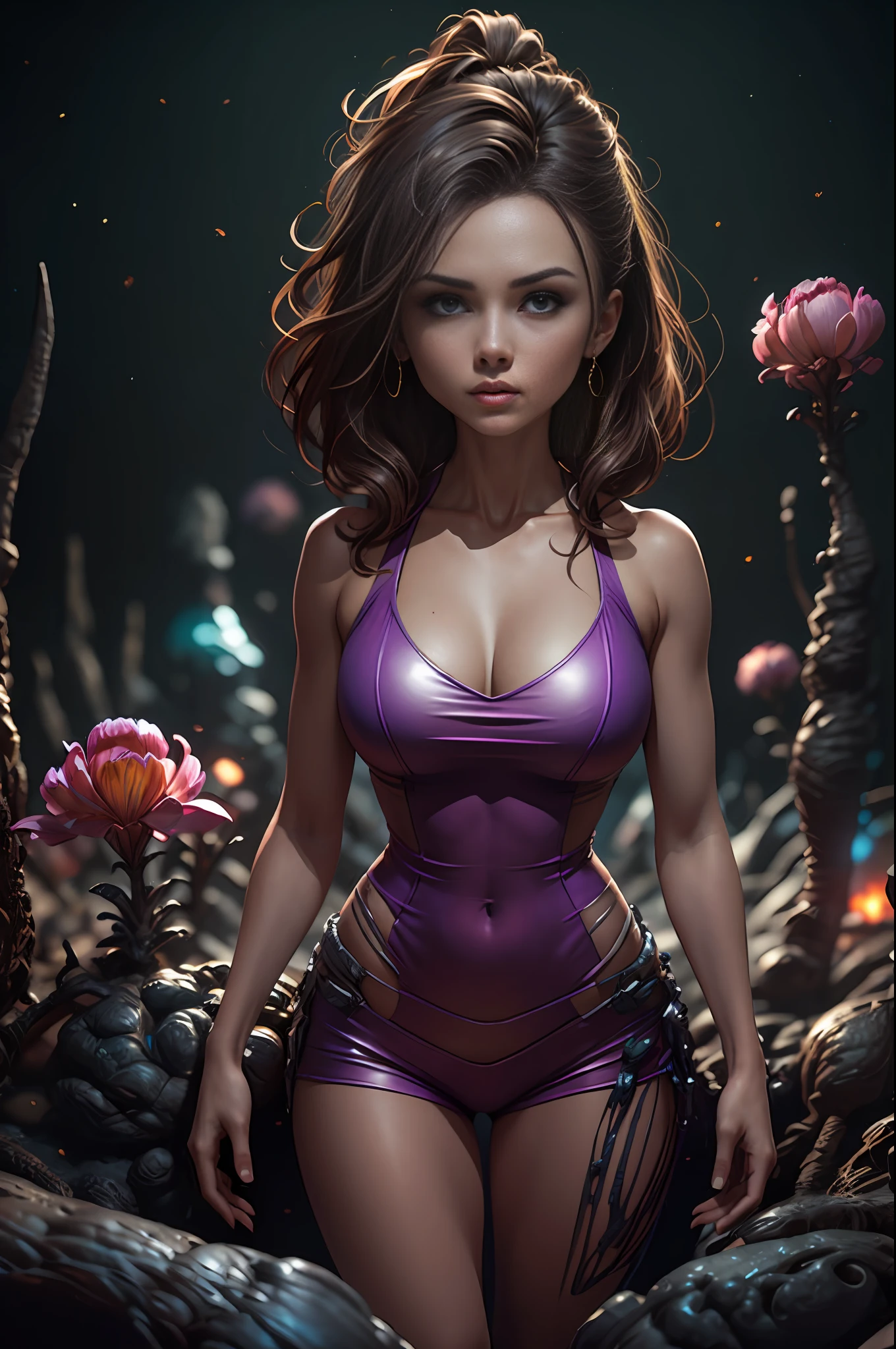 portrait of a 25 years old fit girl standing in skintight dress, fit girl:1.2, lean girl:1.2, standing gitl:1.2, (low contrast ), colorfantasystyle  oil on matte canvas, sharp details, the expanse scifi spacescape ceres colony, intricate, highly detailed, digital painting, rich color, smooth, sharp focus, illustration, Unreal Engine 5, 8K, art by artgerm and greg rutkowski and alphonse mucha , art by midjourney, small head:1.3, perfect anatomy, perfect proportions