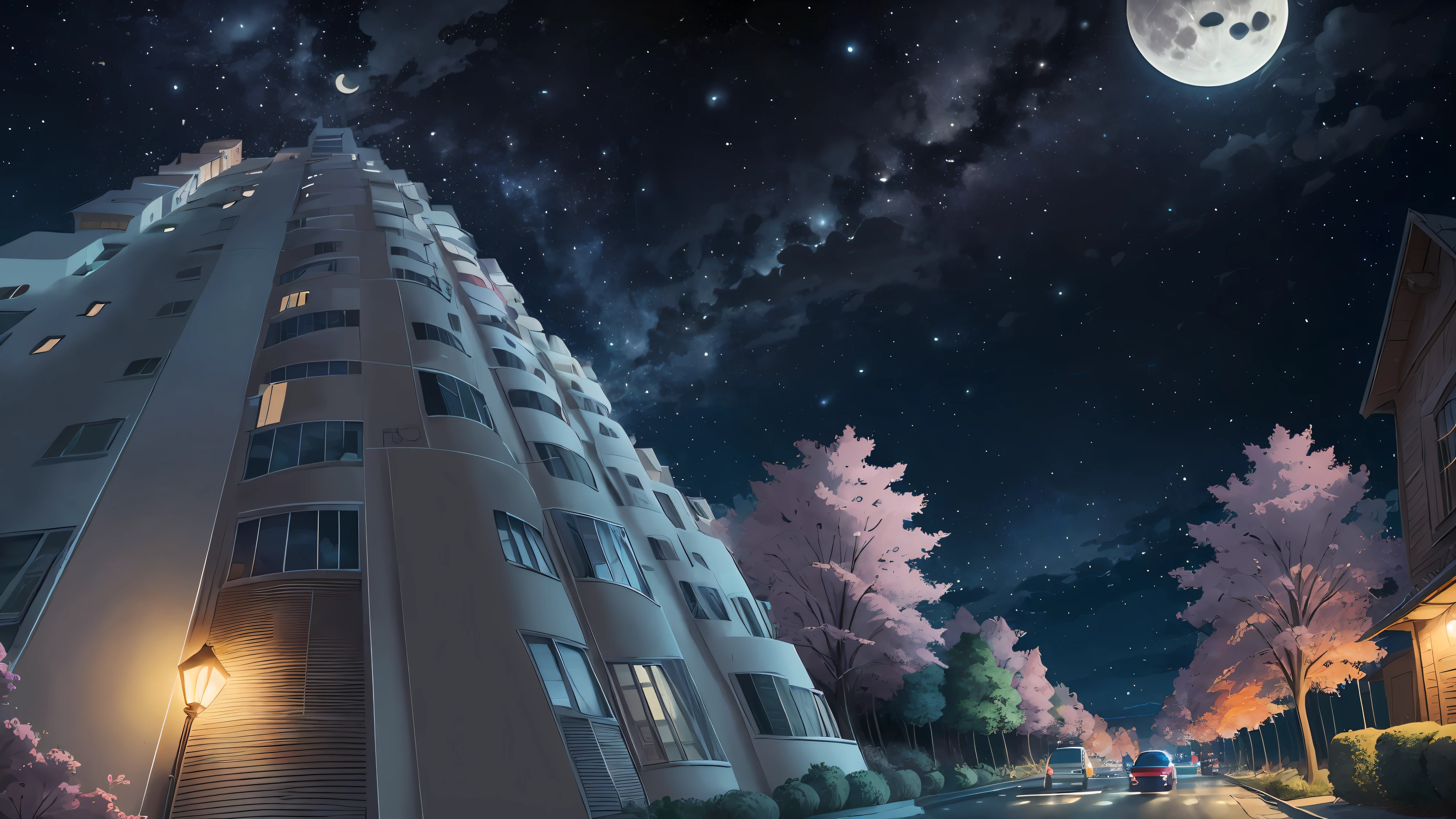 Late at night, a full moon in the starry sky, street lights on the side of the street, wind blowing trees on the street, a book through the open window of the house, beautiful HD cartoon scenes, beautiful HD cartoon scenery, night sky, art HD cartoon. As you marvel at the view before you, 8K, Ultra-HD, --auto --s2