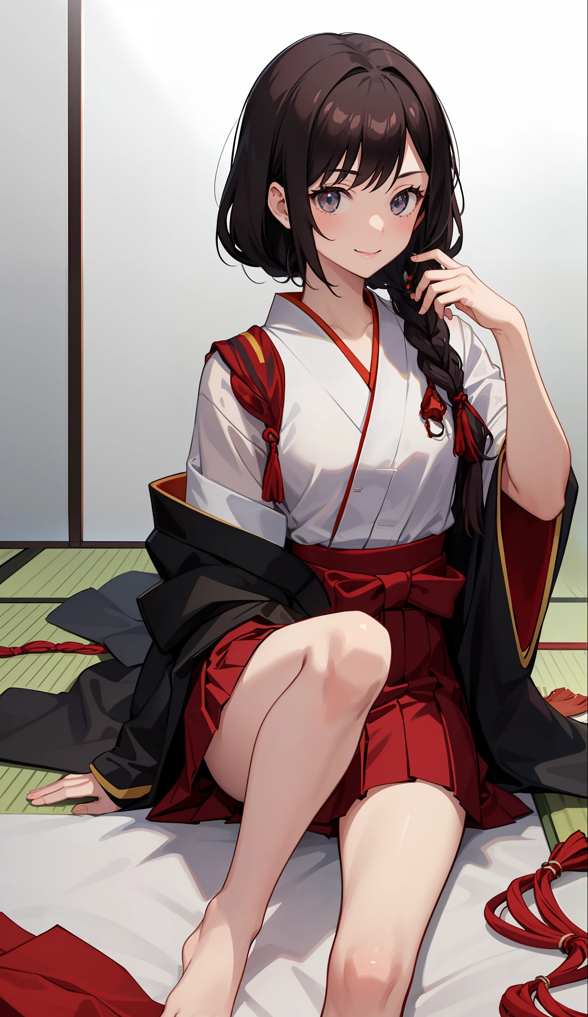 1 girl, smile, shirt, skirt, (small) chilarism, Japan high school student, priestess, vermilion hakama, New Year's bite, (portrait from knee up),