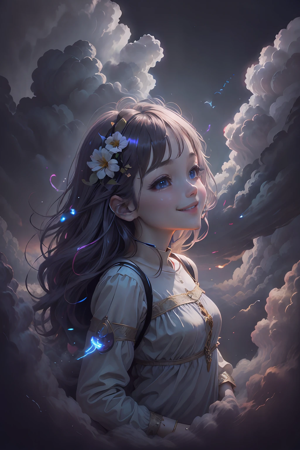 an angel、In the clouds、Colorful clouds、mystical、Fluffy clouds、Gentle、smile on face、Top image quality、Soft image quality、Shine Light Love、reliance、Bright smile --auto