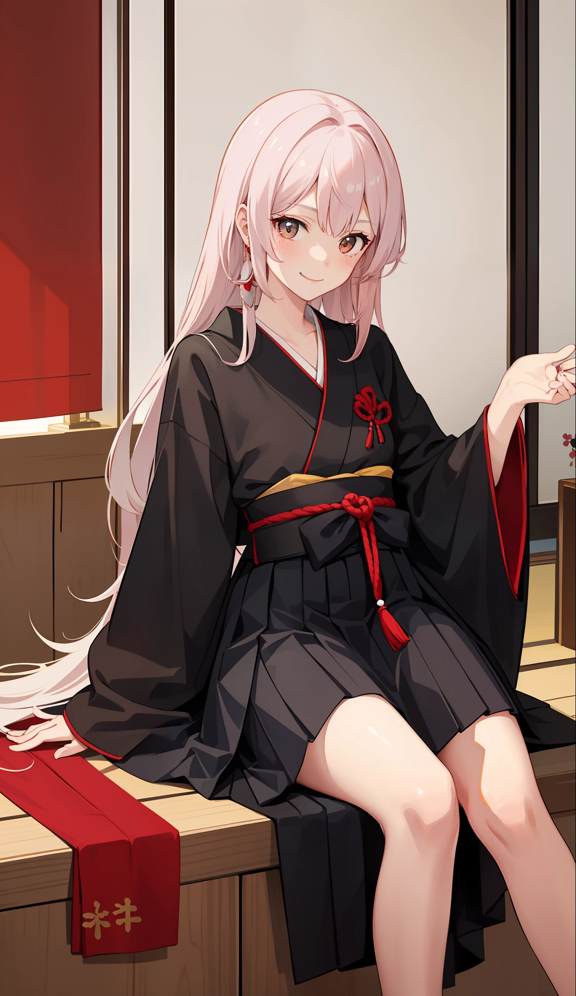 1 girl, smile, shirt, skirt, (small) chilarism, Japan high school student, priestess, vermilion hakama, New Year's bite, (portrait from knee up),