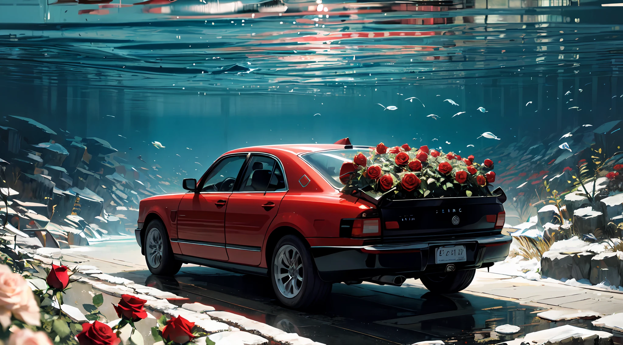 (((masterpiece))), ((best quality)), detailed, professional lighting, (((Ultra Detailed))),absurdres,(((incredibly absurdres))),under water,cherry, blueberry, berry, raspberry,(((roses))),blue water