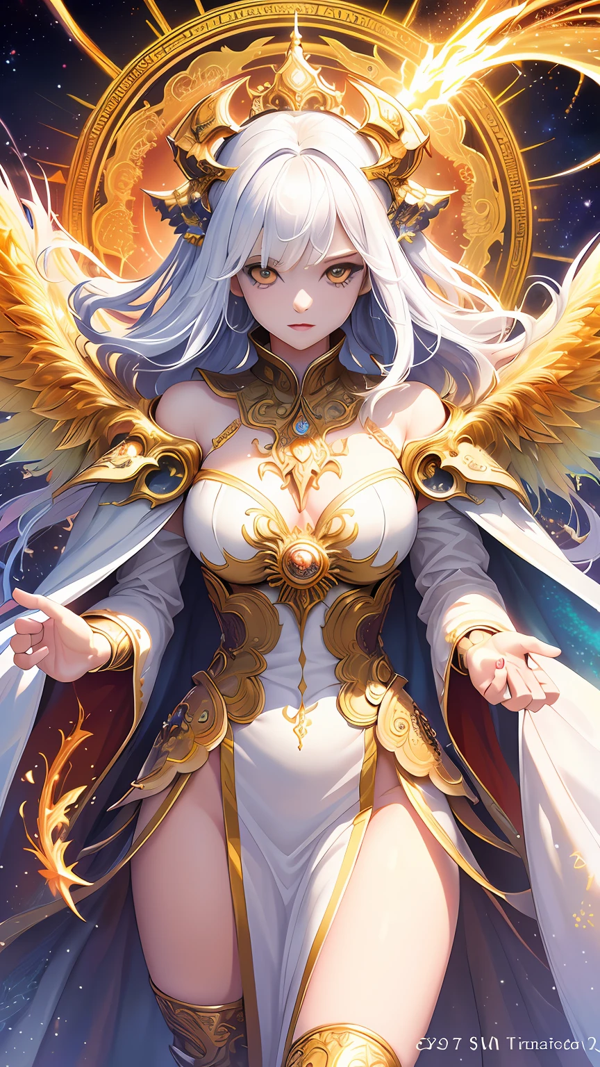 (masterpiece), best quality, ultra-detailed, extremely detailed ((Buddha - Shuumatsu no Valkyrie: Record of Ragnarok)anime style),dynamic angle,(1 god),(godly+golden+metallic armor,1.3),magnificent background,(heavenly+clouds+cosmic),divine expression and posture, power radiating,an epic battle of gods, Volumetric light. --auto