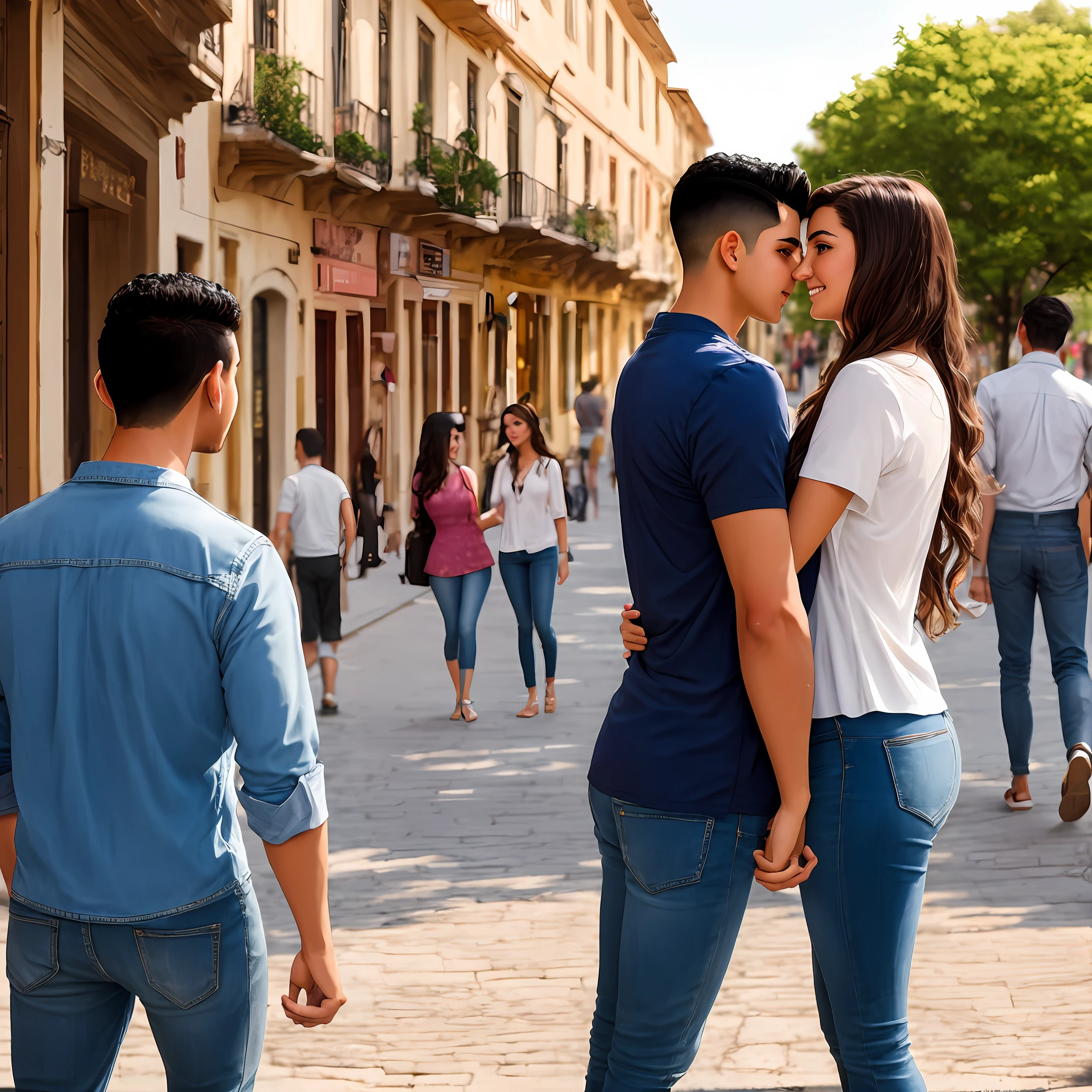 Realistic young Latino man and woman in love in summer embraced in front and standing in the foreground in a mid-afternoon square.