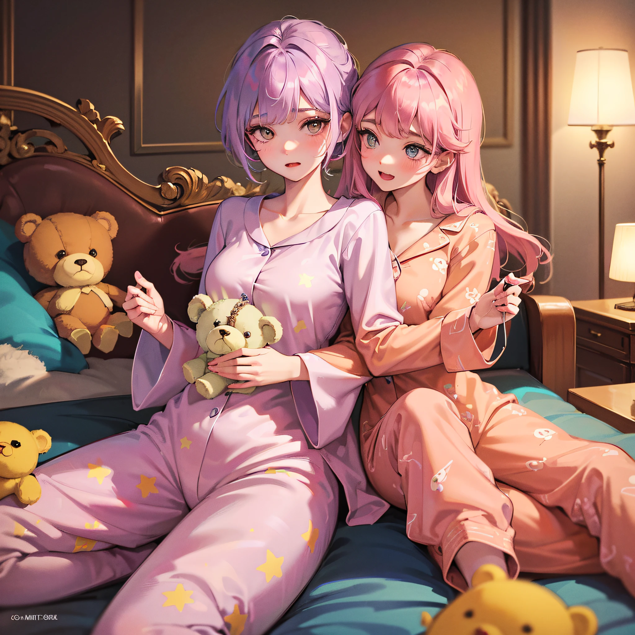 An adorable image of an 18-year-old girl with a cute appearance, wearing pink unicorn print pajamas. She's cuddled up to a giant teddy bear, com olhos grandes e expressivos. The setting is a room decorated with little lights, com uma janela ao fundo mostrando a lua e as estrelas.