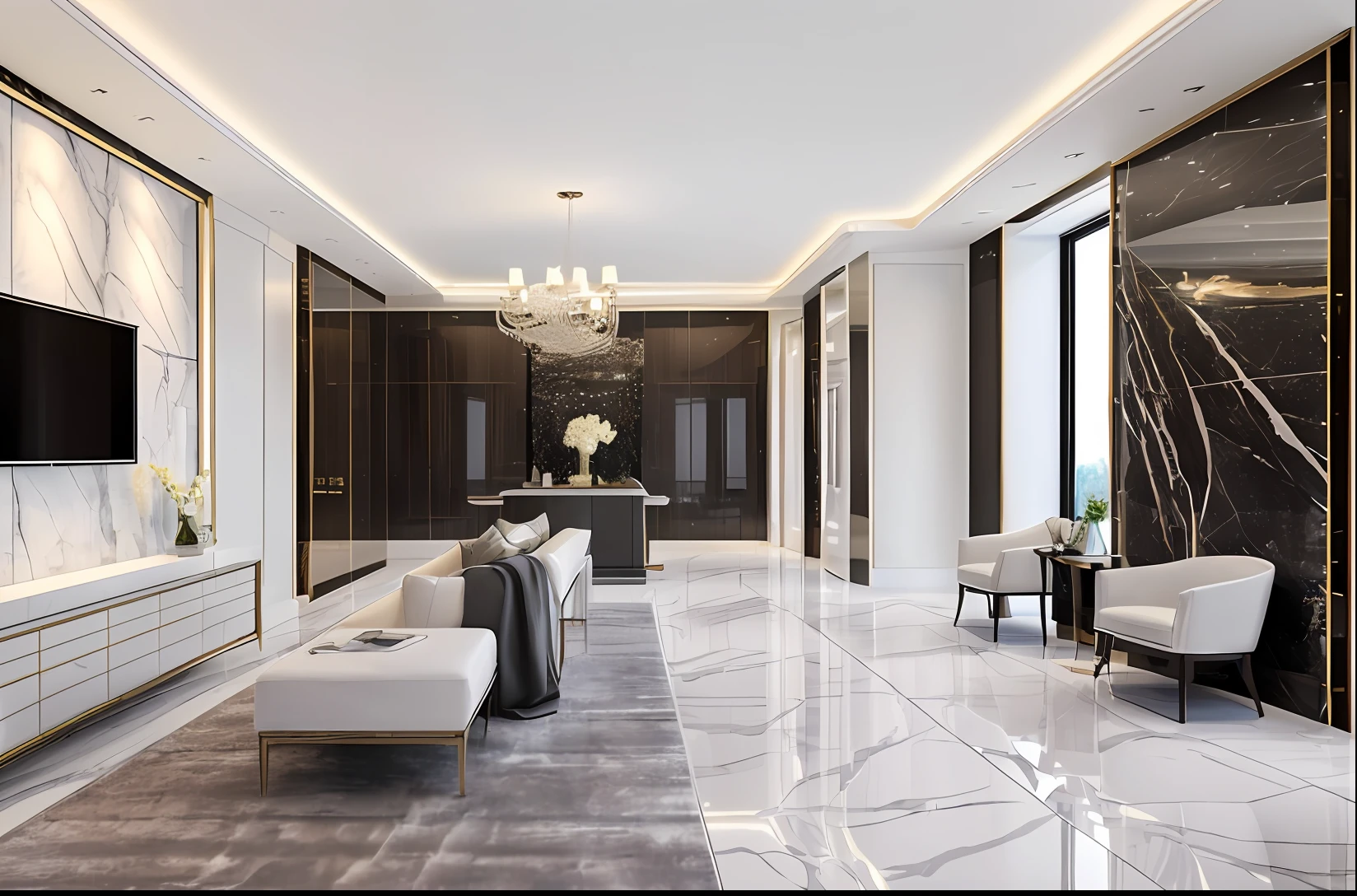 (masterpiece),(high quality), best quality, real,(realistic), super detailed, (full detail),(4k),8k ,  (Luxurious, bright space), reception area , Strong  counter , Luxury material . View to the city . Harderner flooring , Ceiling in white color .