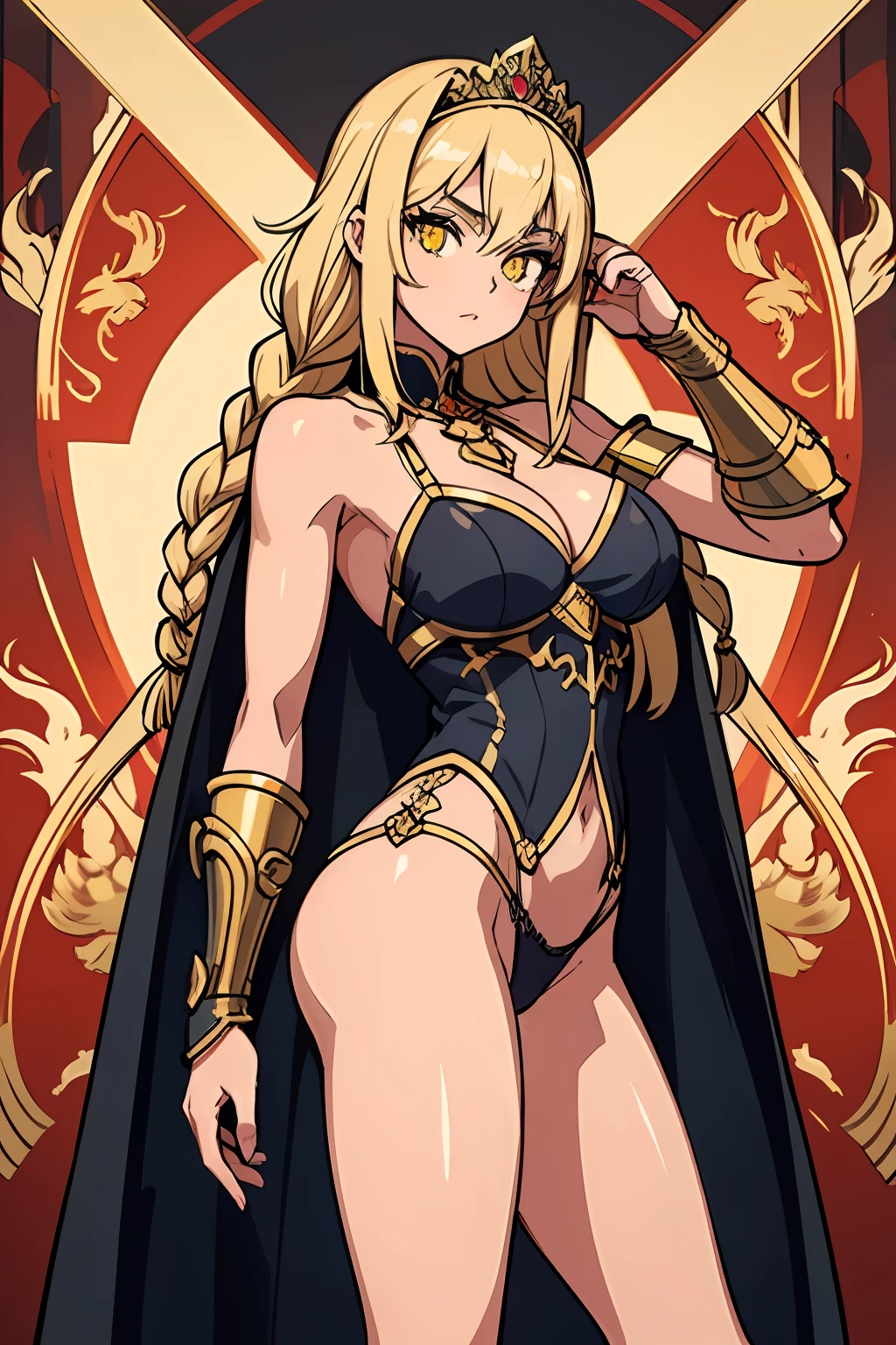 Blonde haired woman with braids, (medieval punk green neckline armor). Bright chrome gold lingerie with sharp reflections. Gems. Bare shoulders. (tiara). Low muscle definition. Beautiful legs. Bare shoulders visible. Detailed lighting. Artwork. Extreme beauty. Clothing with intense colored gradient effect. Professional image with high saturation. Professional camera. Illustration. Vibrant colors. vibrant yellow eyes, thin, fur cape, bright golden eyes, symmetry, intense look, black details on clothes, golden aura