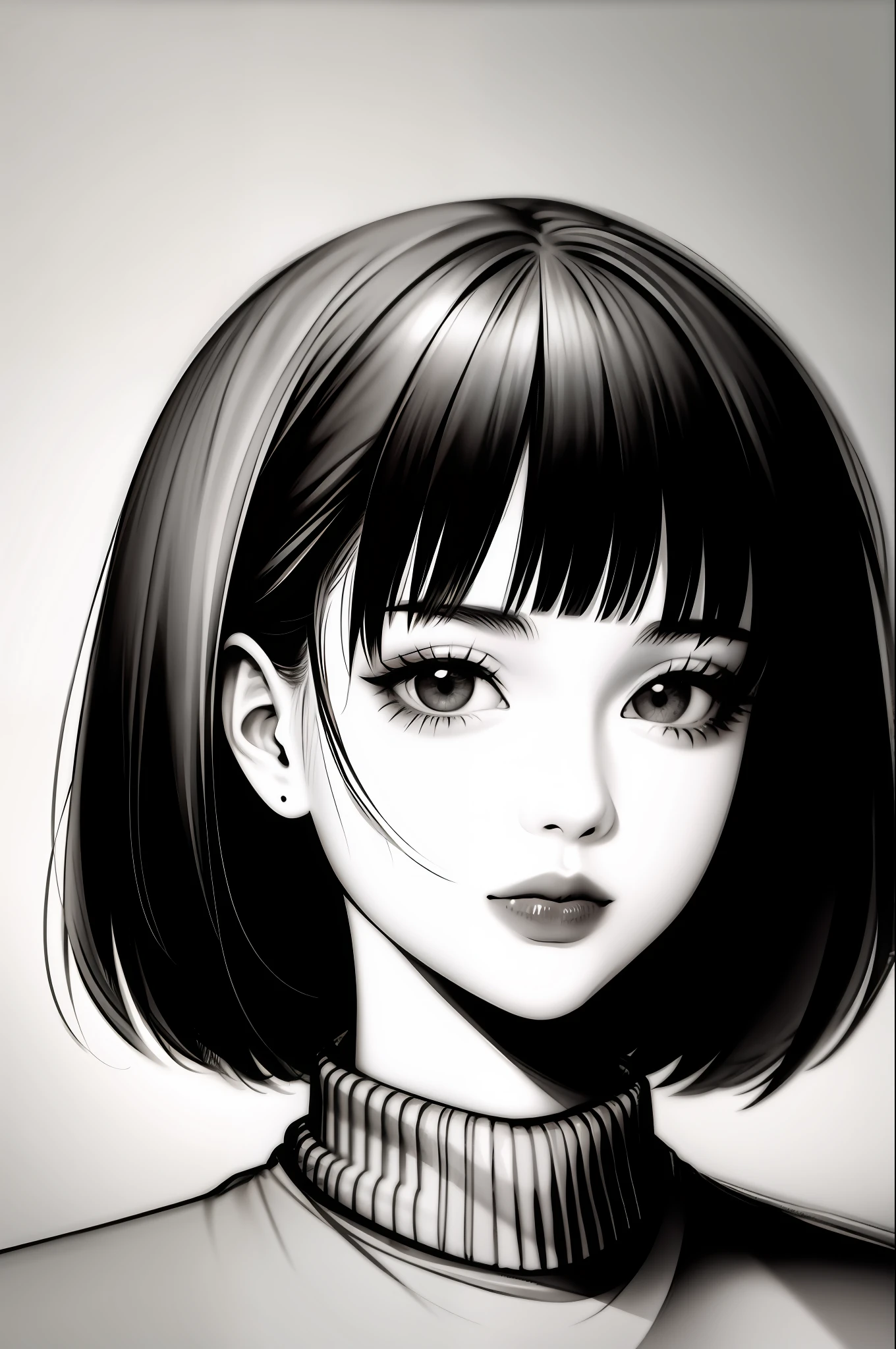1girl, solo, monochrome, greyscale, bob cut, short hair, portrait, turtleneck, closed mouth, bangs, looking at viewer, blunt bangs, sketch, graphite \(medium\), lips, hatching \(texture\)