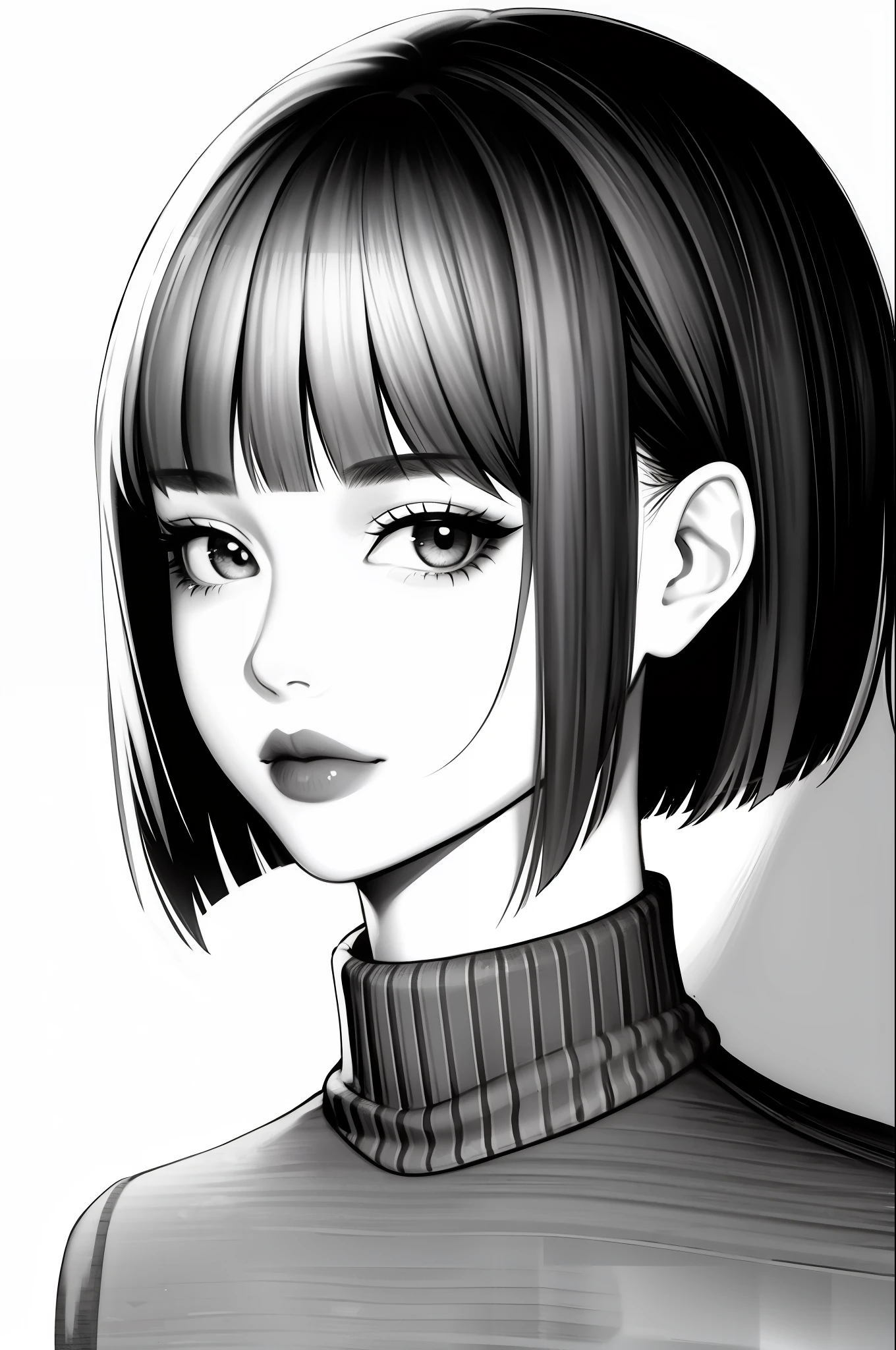 1girl, solo, monochrome, greyscale, bob cut, short hair, portrait, turtleneck, closed mouth, bangs, looking at viewer, blunt bangs, sketch, graphite \(medium\), lips, hatching \(texture\)