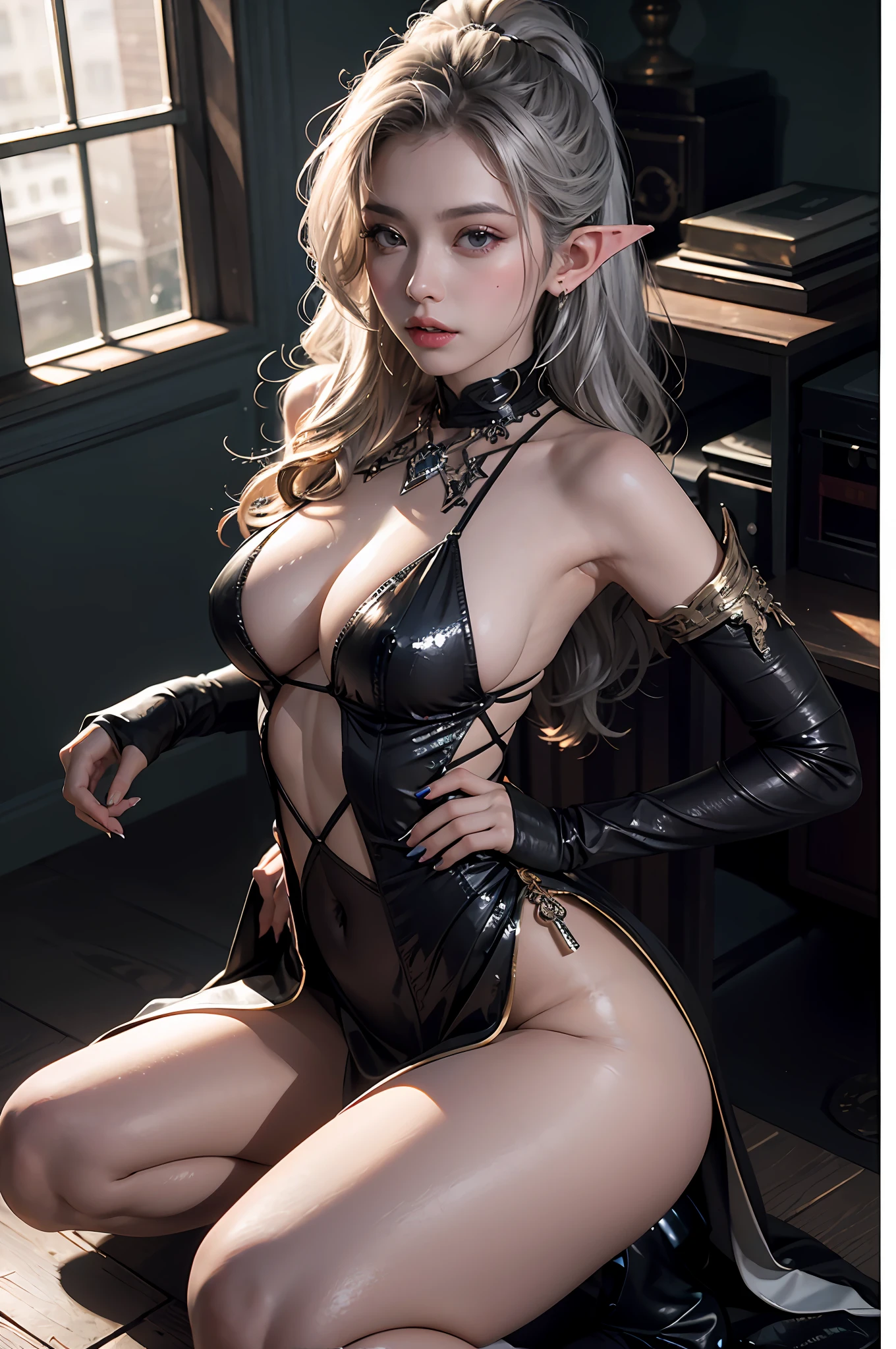 ((最佳质量)), ((A masterpiece)), (Detail:1.4), 3D, A beautiful elven fantasy beautiful girl,(kneelingpose),Elf long ears,ear studs,((silverlong hair,silver hair,Double ponytail:1.9)),(Purple princess dress,Long skirt:1.6)(Black stockings beautiful legs,heeled sandals,nail art:1.6)(Western European medieval style,Metal Temple,:1.6),Metallic sequins,West Phantom Wind,closeup of face,Extremely normal hands,Extremely normal legs,hdr(High dynamic range),光线追踪,NVIDIA RTX,Hyper res,illusory 5,Subsurface scattering、PBR Texture、post-processed、Anisotropy Filtering、Depth of field、maximum definition and sharpness、multi-layer texture、Albedo e mapas Speculares、Surface Coloring、Accurate simulation of light-material interactions、perfectly proportioned、octano render aesethic、Two-colored light、Large aperture、Low ISO、White balance、Rule of thirds、8K raw data