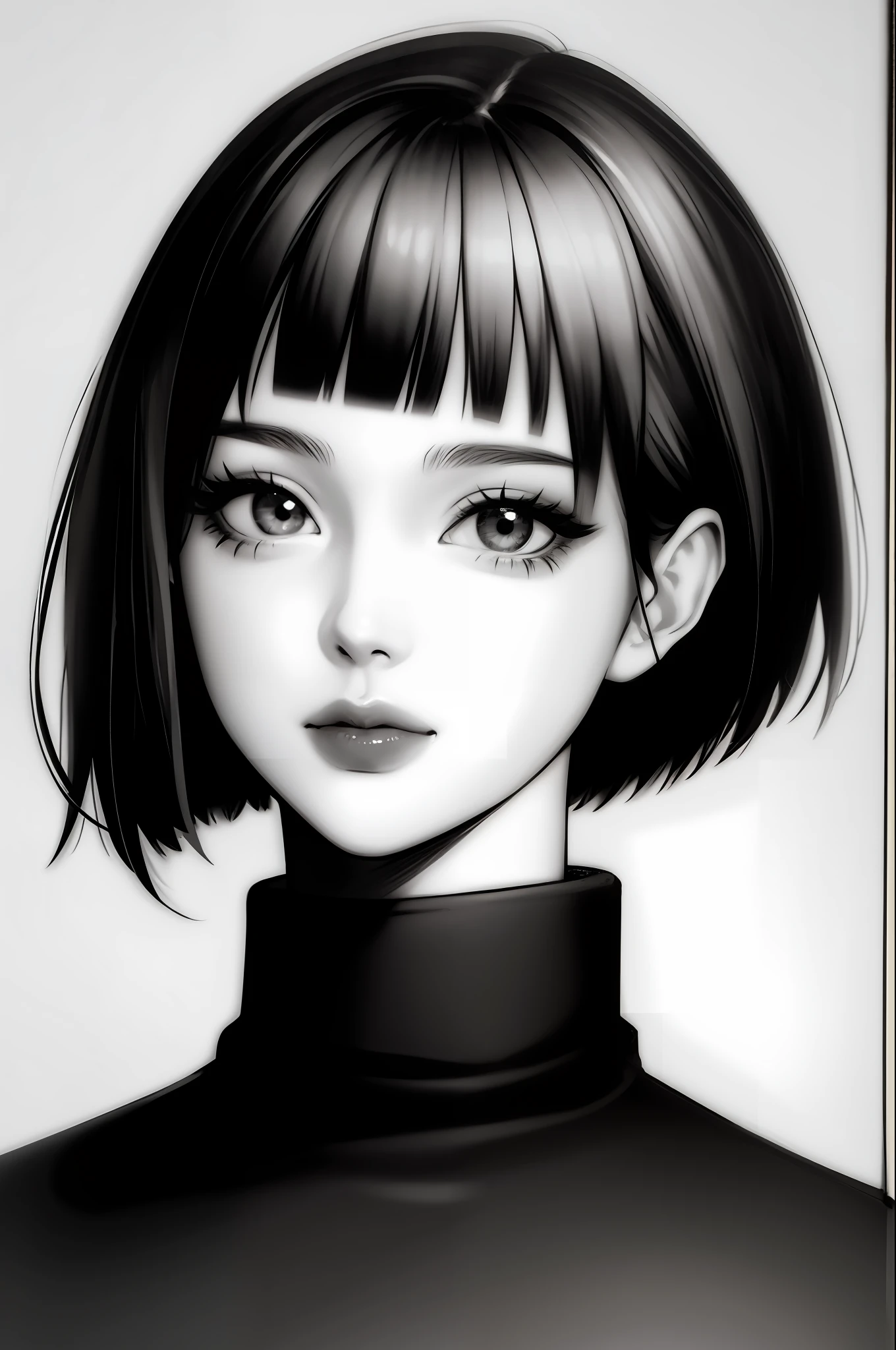 1girl, solo, monochrome, greyscale, bob cut, short hair, portrait, turtleneck, closed mouth, bangs, looking at viewer, blunt bangs, sketch, graphite \(medium\), lips, hatching \(texture\)