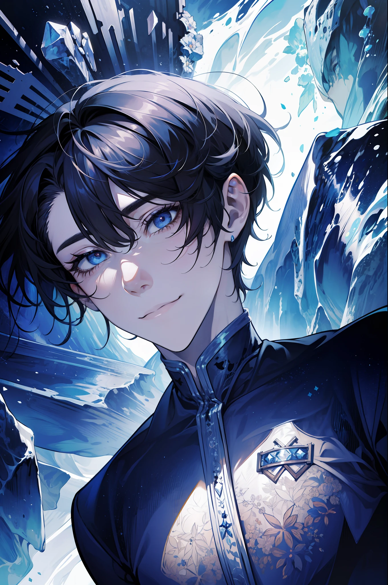 (absurdres, highres, ultra detailed), 1 male, adult, handsome, tall muscular guy, broad shoulders, finely detailed eyes, dark color hair, fantasy, complex pattern, detailed face, throne, magic effect, best ratio four finger and one thumb, ice, bitter cold, cold snap, smile, (dutch angle), closed mouth