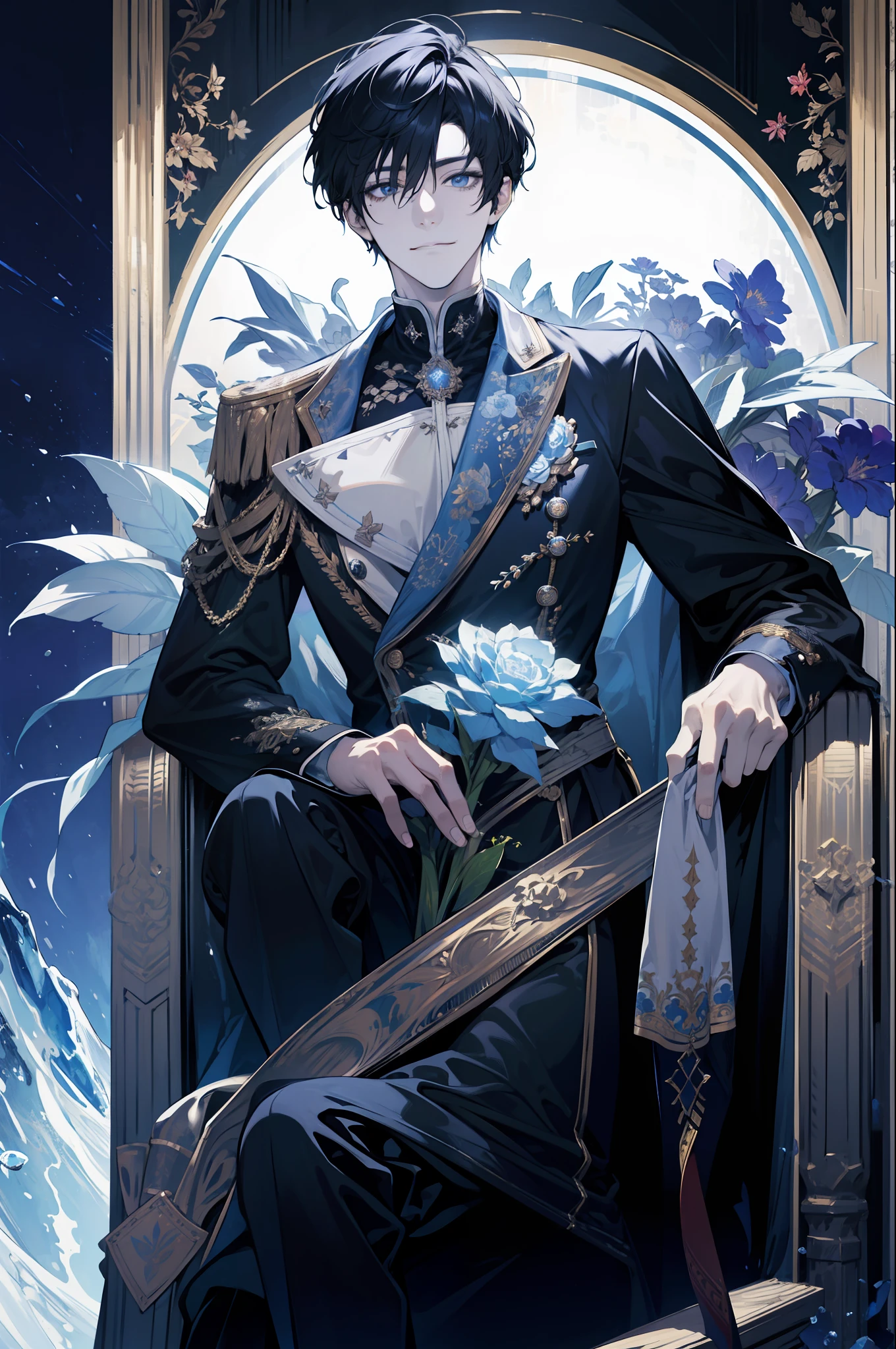 (absurdres, highres, ultra detailed), 1 male, adult, handsome, tall muscular guy, broad shoulders, finely detailed eyes, dark color hair, fantasy, complex pattern, detailed face, throne, magic effect, best ratio four finger and one thumb, ice, bitter cold, cold snap, smile, (dutch angle), closed mouth