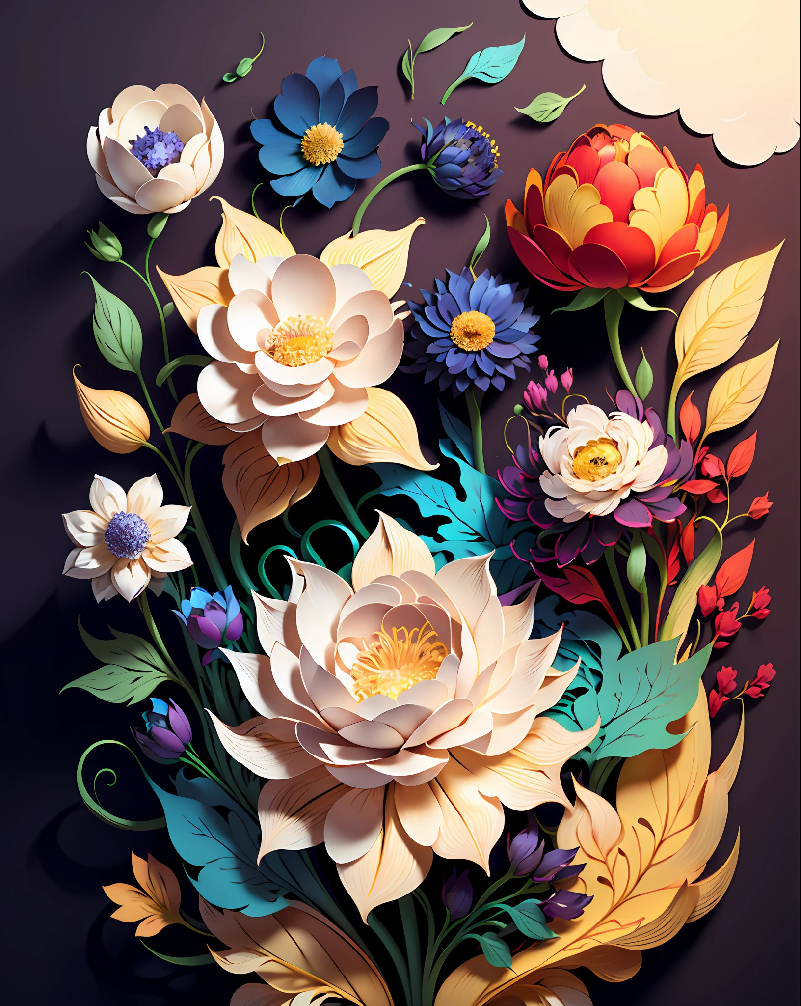 (((masterpiece))),best quality, illustration,beautiful detailed glow, flowers,white background, paper_cut,