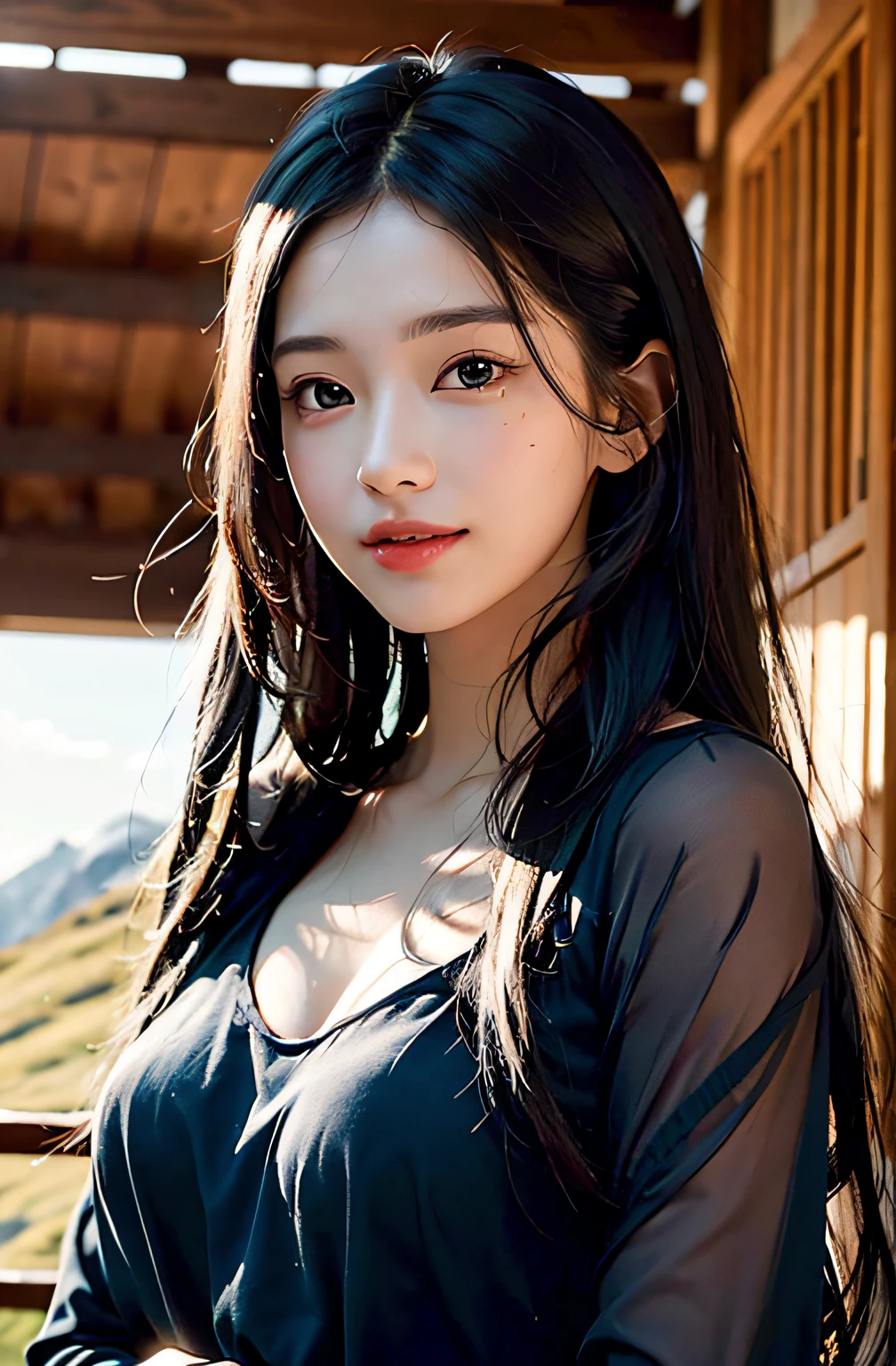 the best quality、A masterpice、photoRealstic、intricated details、Raw foto、Photon Rendering、Octane Rendering、absurdist、Ultra-detailded、detailed faces、Detailed skin、trend in ArtStation、8K masterpiece、lighting like a movie、( (1girls))、((独奏) ))、((Behold))、CG Social Trends、Plastic En、((Black Long Hair))、((a beautiful female))、(smile on face)、Dark blue clothes、(White Skin Skin)、Fashionable、A sexy、hair flowing in wind、((Flowing hair))、happy、fashion magazine、((lighting like a movie))、mountain hut、