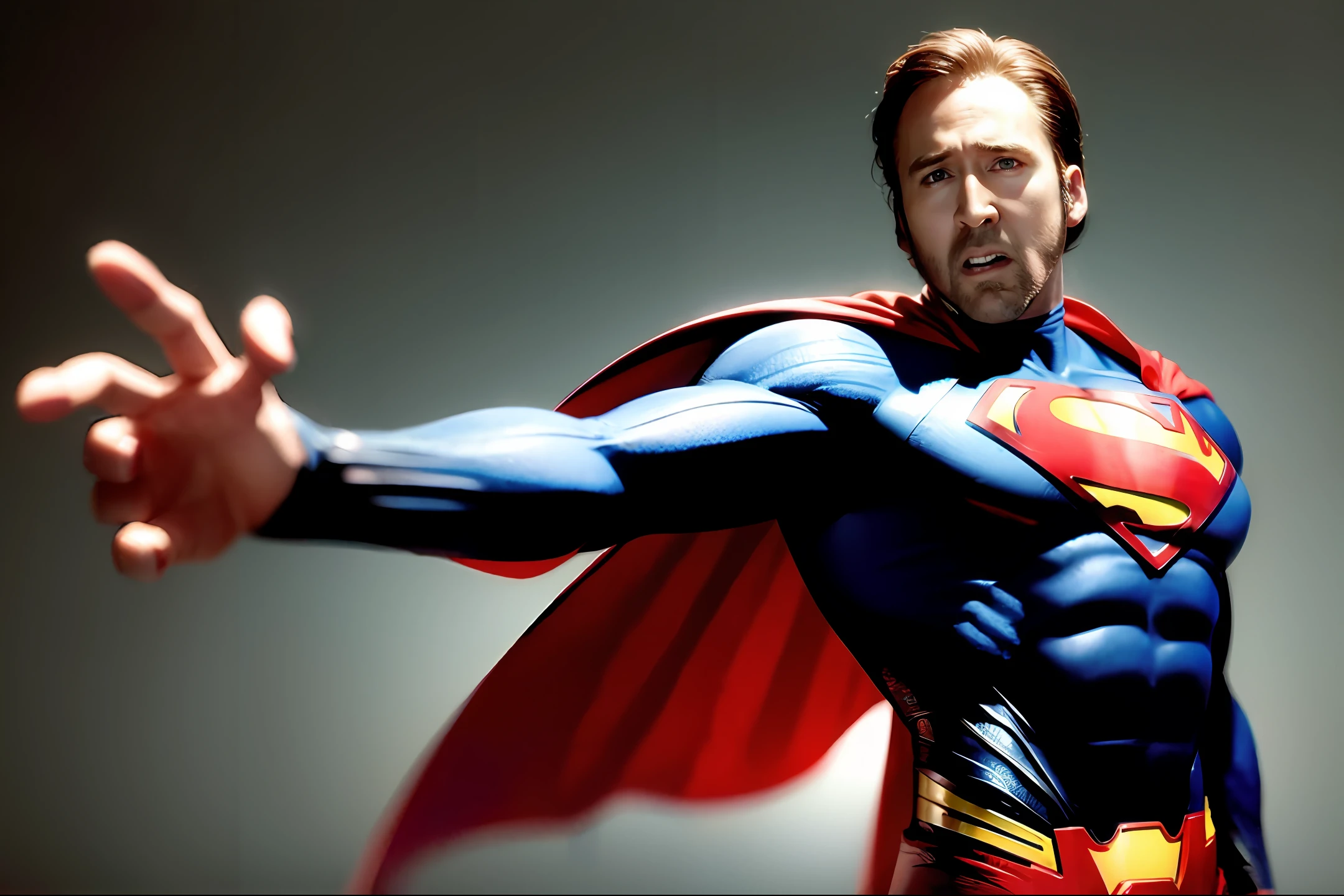 Nicolas cage vestido de Superman, derrotando um monstro