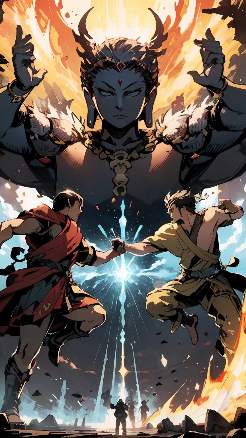 (masterpiece), best illustration, impressive artwork, divine energy, powerful and mighty, Buddha vs Gods brawl, reimagining mythology, epic showdown, explosive action, dynamic poses, incredible detailing, high-res CG artwork. --auto