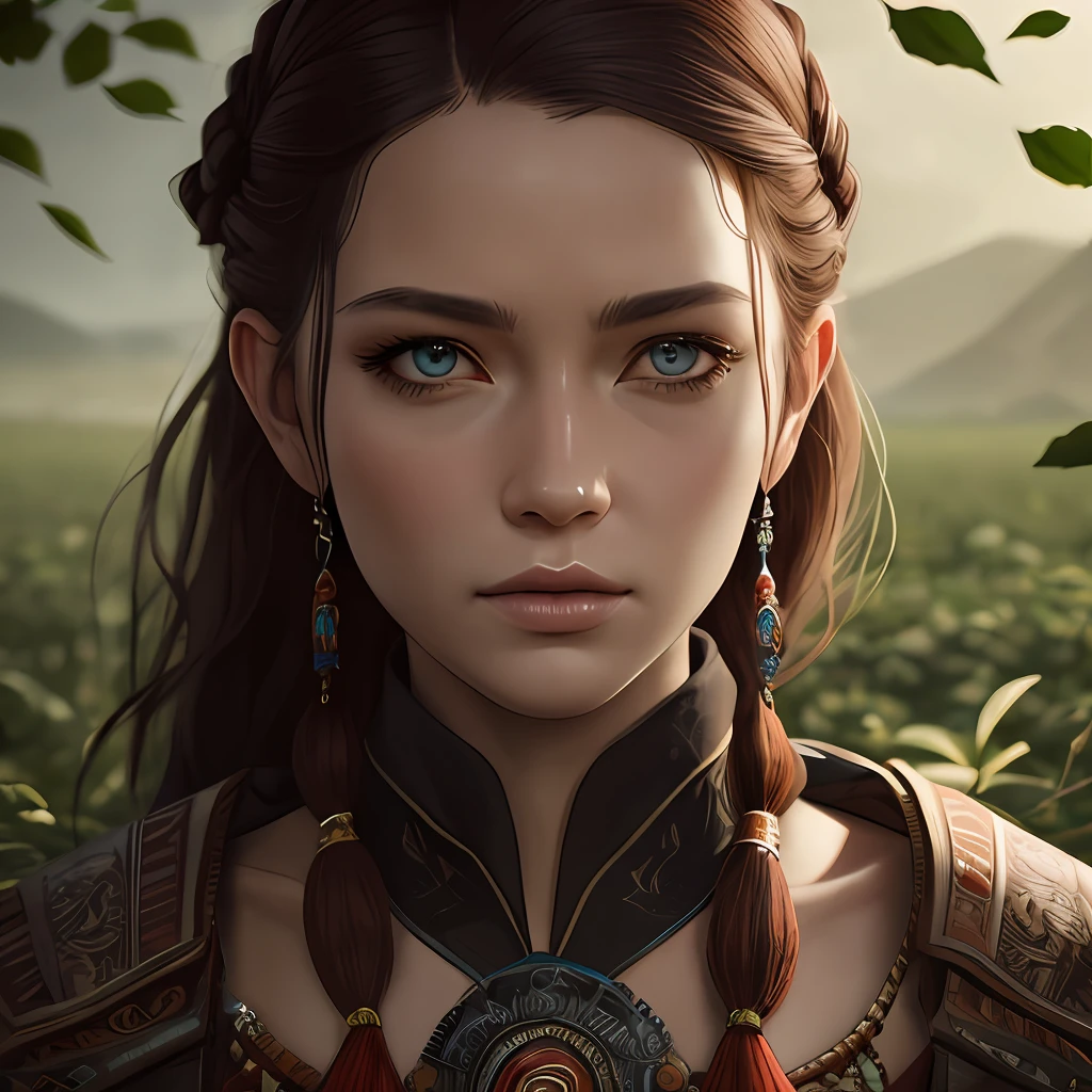 masterpiece, best quality, octane rendering, intricate details, aloy, crazy detailed eyes, perfect face, hair beads, wide portrait, open field, sparse vegetation, --auto