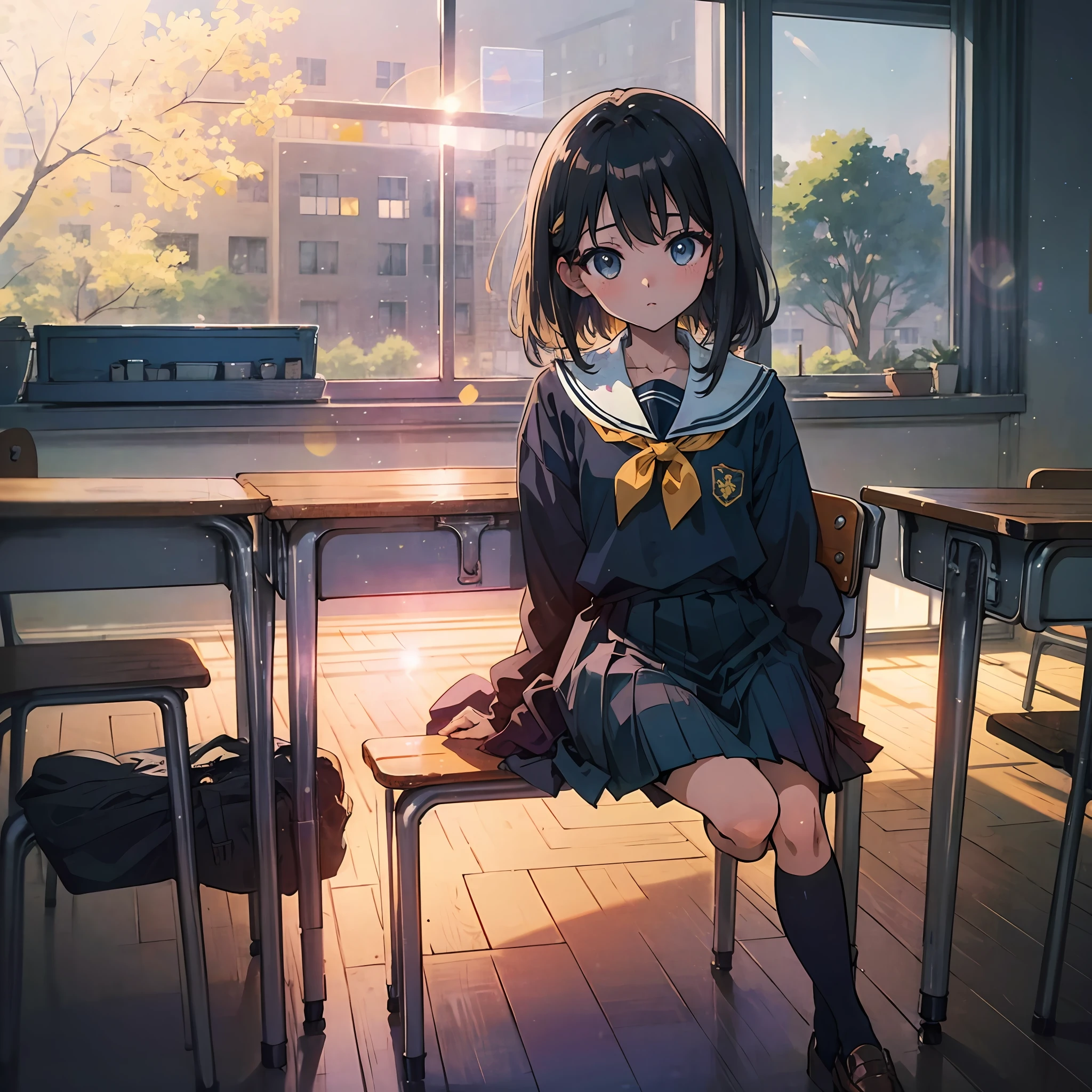 masterpiece, top quality, ultra high definition, illustration, colorful, flat color, depth of field, lens flare, one girl, anime, sitting, dark hair, looking at viewer, school, classroom, pleated miniskirt , School uniform, Seraphuku, black pantyhose, detailed texture, detailed cloth texture, beautiful detailed face, --auto