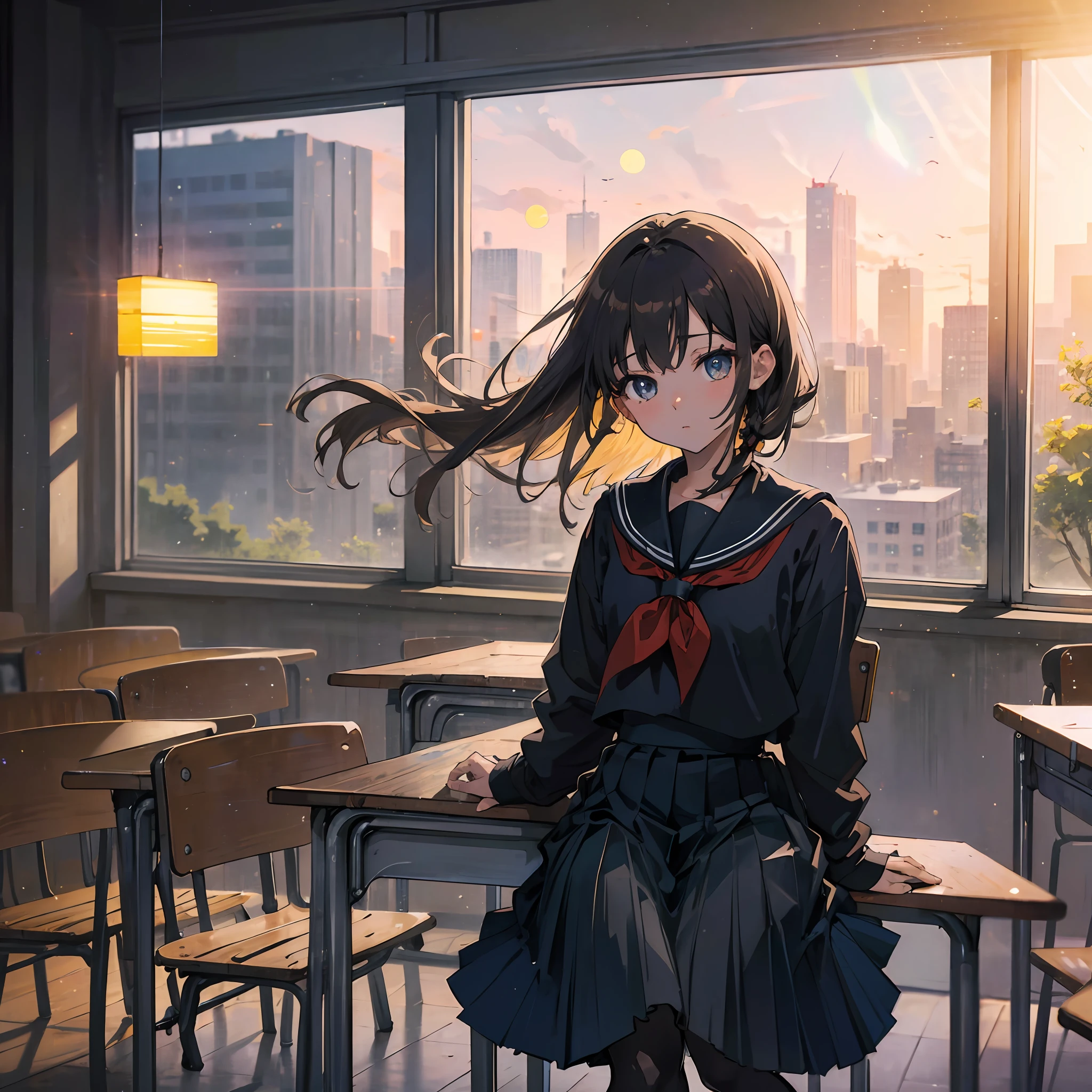 masterpiece, top quality, ultra high definition, illustration, colorful, flat color, depth of field, lens flare, one girl, anime, sitting, dark hair, looking at viewer, school, classroom, pleated miniskirt , School uniform, Seraphuku, black pantyhose, detailed texture, detailed cloth texture, beautiful detailed face, --auto