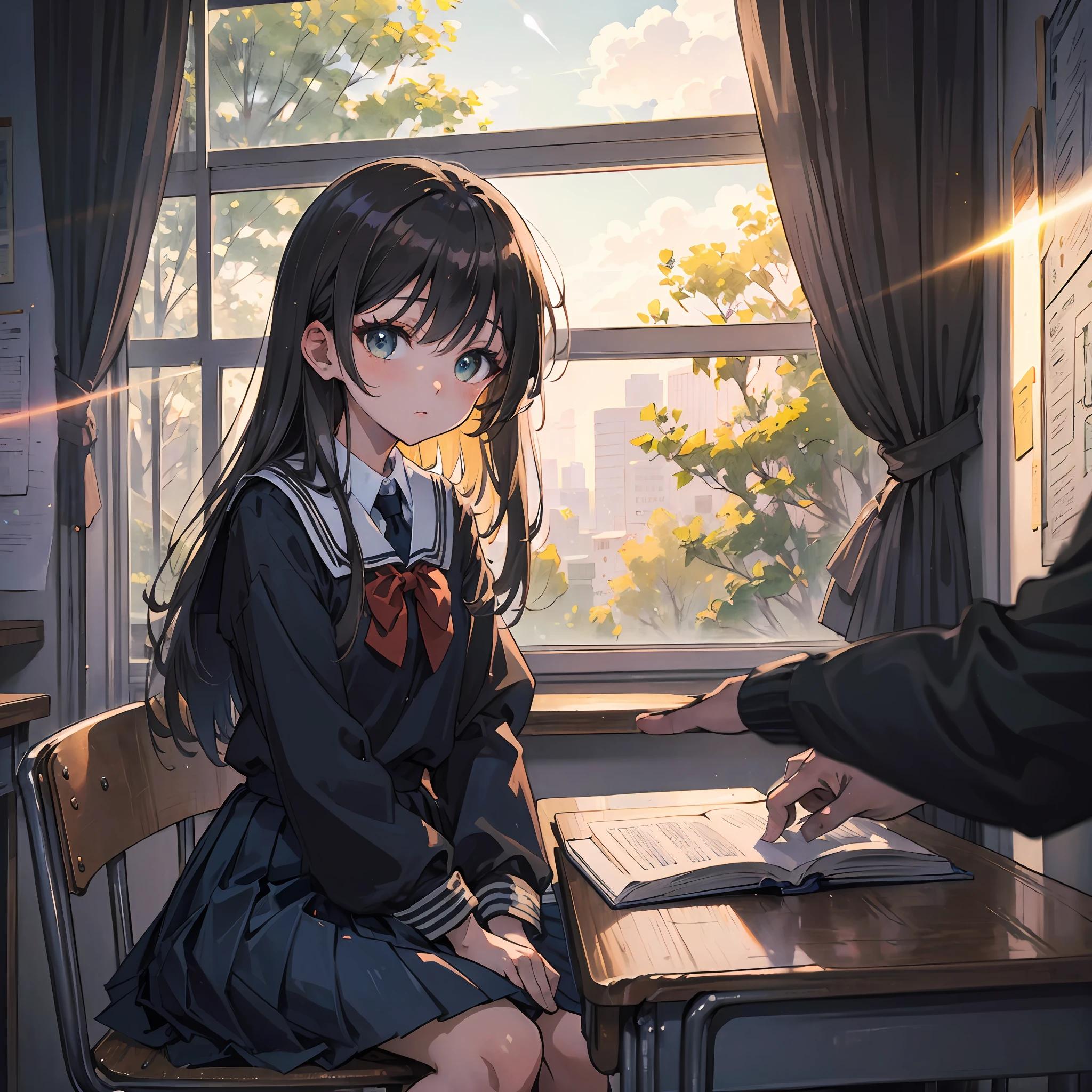 masterpiece, top quality, ultra high definition, illustration, colorful, flat color, depth of field, lens flare, one girl, anime, sitting, dark hair, looking at viewer, school, classroom, pleated miniskirt , School uniform, Seraphuku, black pantyhose, detailed texture, detailed cloth texture, beautiful detailed face, --auto