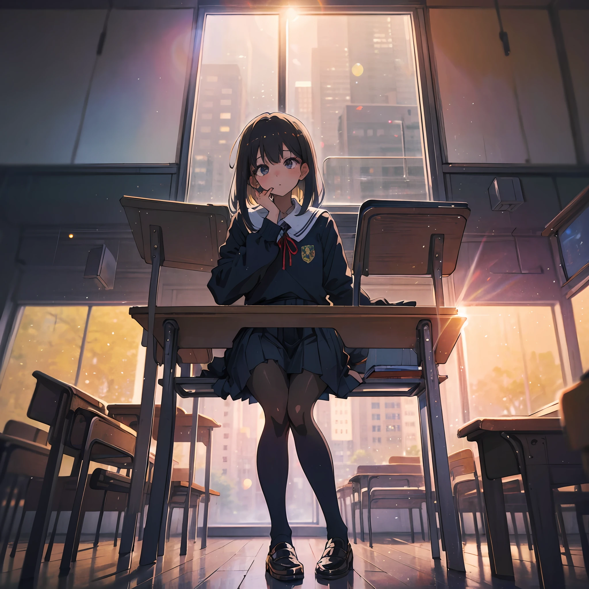 masterpiece, top quality, ultra high definition, illustration, colorful, flat color, depth of field, lens flare, one girl, anime, sitting, dark hair, looking at viewer, school, classroom, pleated miniskirt , School uniform, Seraphuku, black pantyhose, detailed texture, detailed cloth texture, beautiful detailed face, --auto