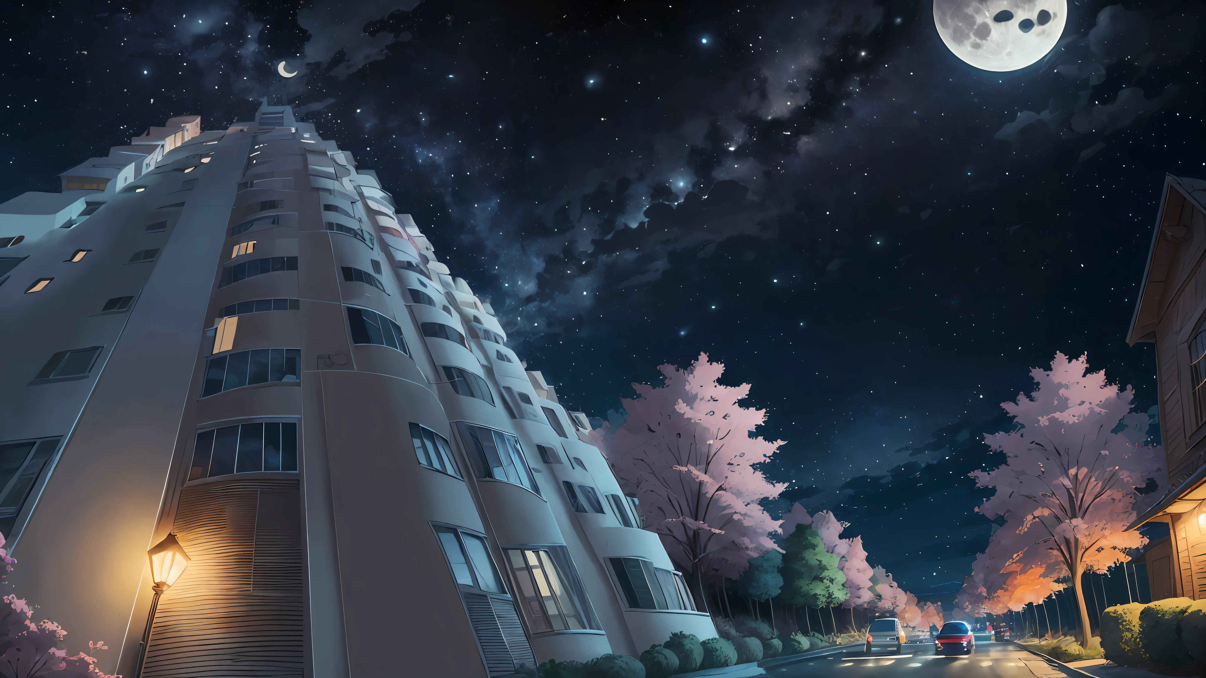 Late at night, a full moon in the starry sky, street lights on the side of the street, wind blowing trees on the street, a book through the open window of the house, beautiful HD cartoon scenes, beautiful HD cartoon scenery, night sky, art HD cartoon. As you marvel at the view before you, 8K, Ultra-HD, --auto --s2