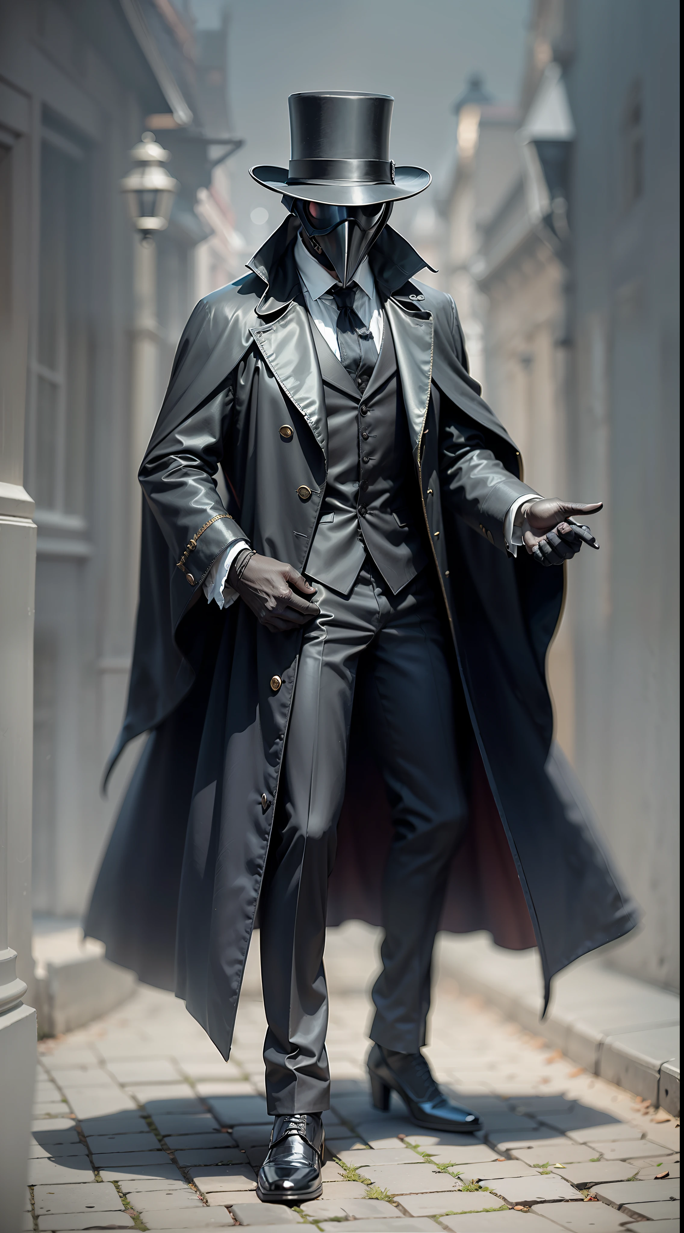 dark figure in a plague doctor mask with a top hat and a long black coat, standing menacingly over viewer, in a Victorian Gothic city street