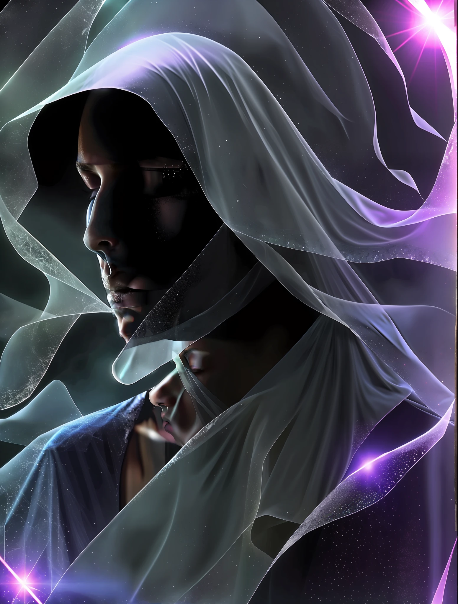 Phantom Woman, whose face is hidden behind a veil of crystals, in a huge haunted room