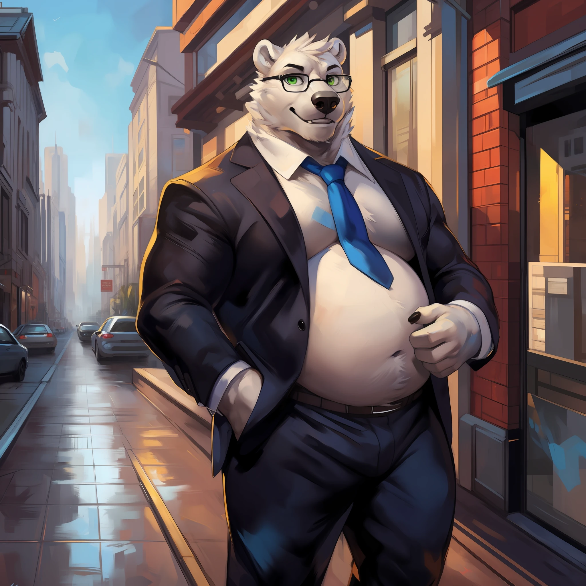 By mystikfox61, by glitter trap boy, by juiceps, by darkgem, solo, male, polar bear, white fur, green eyes, detailed eyes, detailed hands, muscular, overweight, musclegut, big biceps, smiling, glasses, wearing a full suit and tie, standing, street, outside, wonderful day out