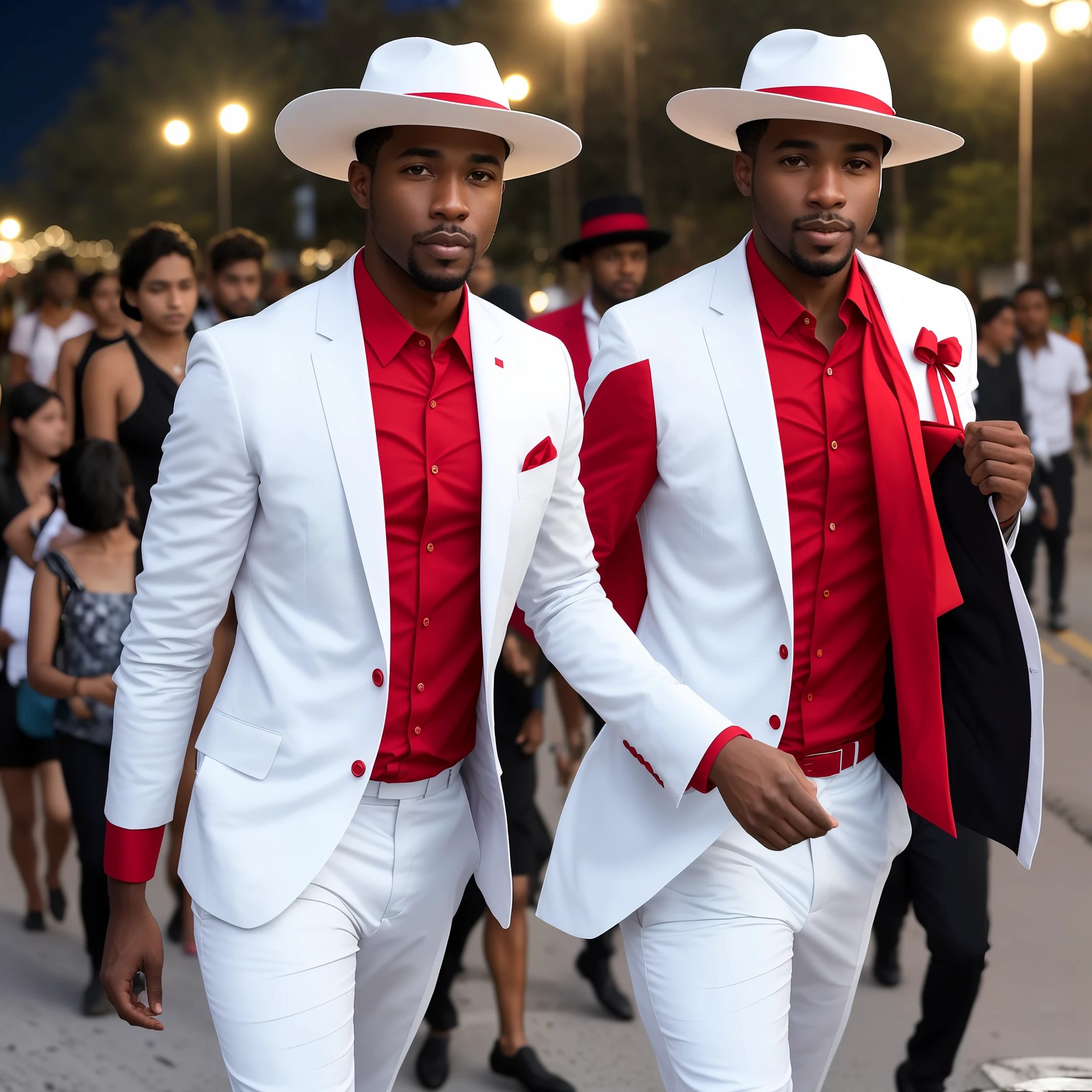 Black man, 35 years old in white suit with red details, Panama hat with red ribbon, caminhando na noite (umabanda) melhor qualidade