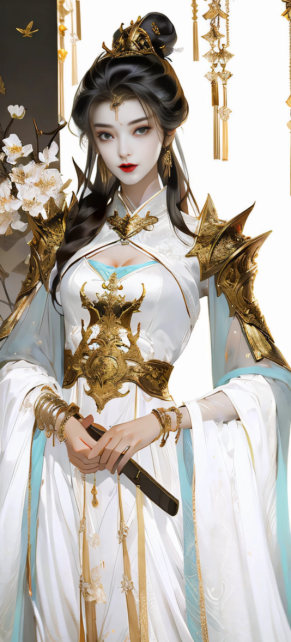 Beautiful details for girls,Very detailed eyes and face,beautiful eyes in detail,Ultra-detailded,high resolucion,Very detailed,The best quality,illustration,exquisite detailing,Best quality,Very detailed CG,8k壁紙,agirl,woods,Long black hair,ponytailhair,Gold ornaments,bangle,White hood,Beauty of the Western Regions,With a machete,(((White clothes))),blossoms,Lanterns,complex texture,streamers,Shoulder armor,Armour,,Skirt armor,sophisticated background,