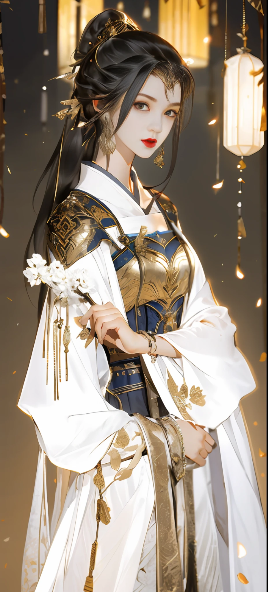 Beautiful details for girls，Very detailed eyes and face，beautiful eyes in detail，Ultra-detailded，high resolucion，Very detailed，The best quality，illustration，exquisite detailing，Best quality，Very detailed CG，8k壁紙，agirl，woods，Long black hair，ponytailhair，Gold ornaments，bangle，White hood，Beauty of the Western Regions，With a machete，(((White clothes)))，blossoms，Lanterns，complex texture，streamers，Shoulder armor，Armour，，Skirt armor，sophisticated background，