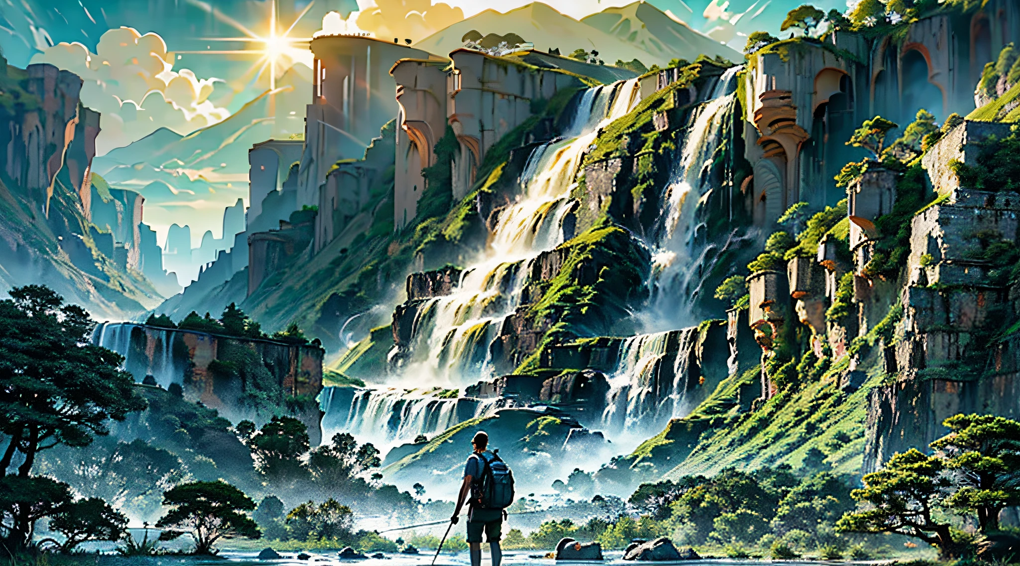 Magnificent landscape of rainforest, majestic waterfalls falling in dense vegetation, sunlight penetrating leaves, colorful birds flying in the sky, conveying a feeling of tranquility and renewal, photography, wide-angle lens, high resolution, (material), (4K), Best quality: 1.2, ((Amazing view: 1.2)), vast sky, beautiful skyline, mysterious forest, winding country roads, magnificent mountains, cliffs, dramatic graphics, moving visuals, colorful natural light, night falls. Short-sleeved top, shorts, man with sports backpack on back, fantasy art,