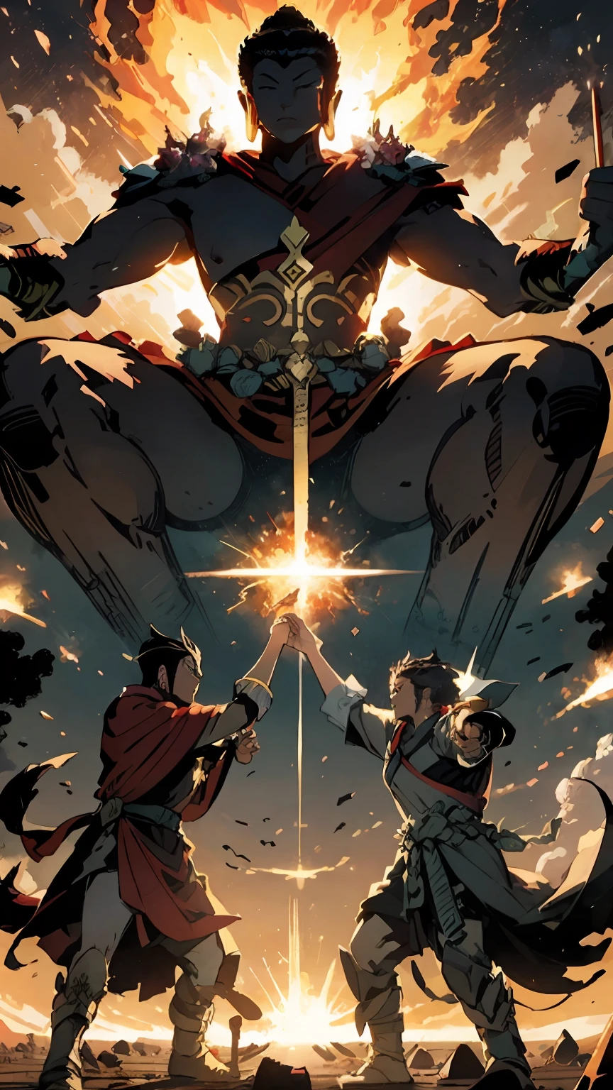 (masterpiece), best illustration, impressive artwork, divine energy, powerful and mighty, Buddha vs Gods brawl, reimagining mythology, epic showdown, explosive action, dynamic poses, incredible detailing, high-res CG artwork. --auto