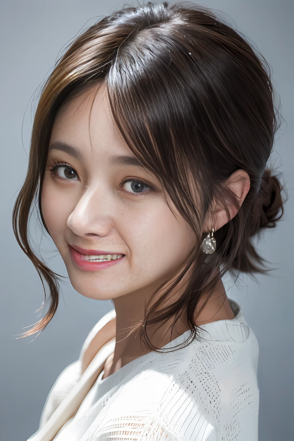 ((Best Quality, in 8K, Maste Piece: 1.3)), Japanese cool beauty, empty blue background: 1.8, White shirt, Gray skirt, Highly detailed facial and skin texture, Smile, fashion model pose