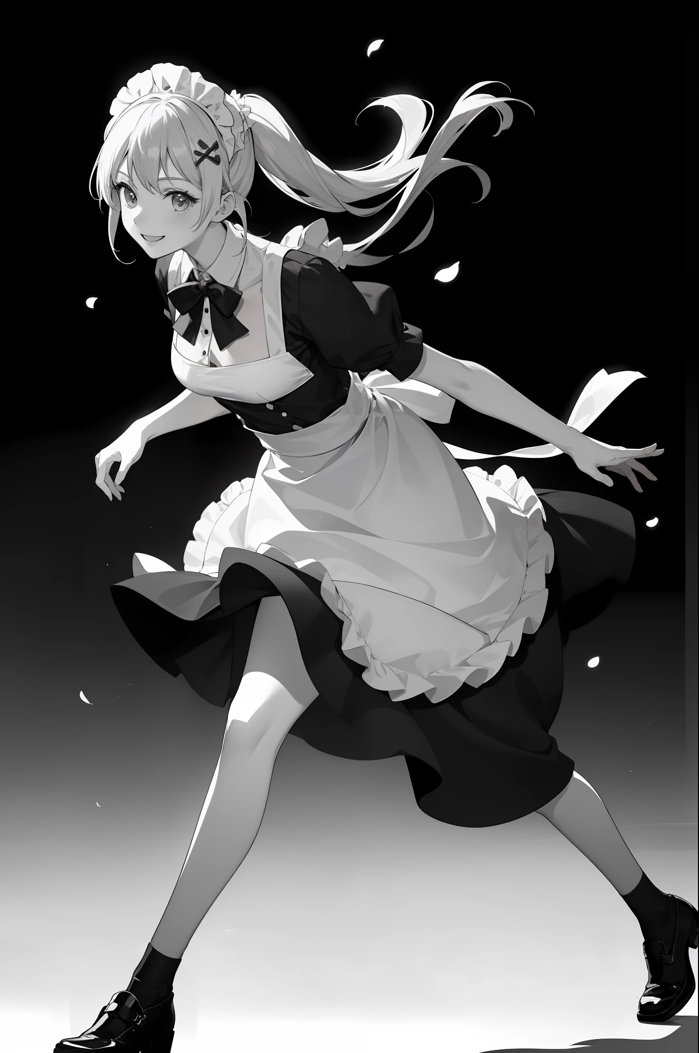 1 girl, smiling, skirt, (small) chillerism, dress, apron,,,,,,、 maid,,,,,,,,、 hair ornament, running briskly,