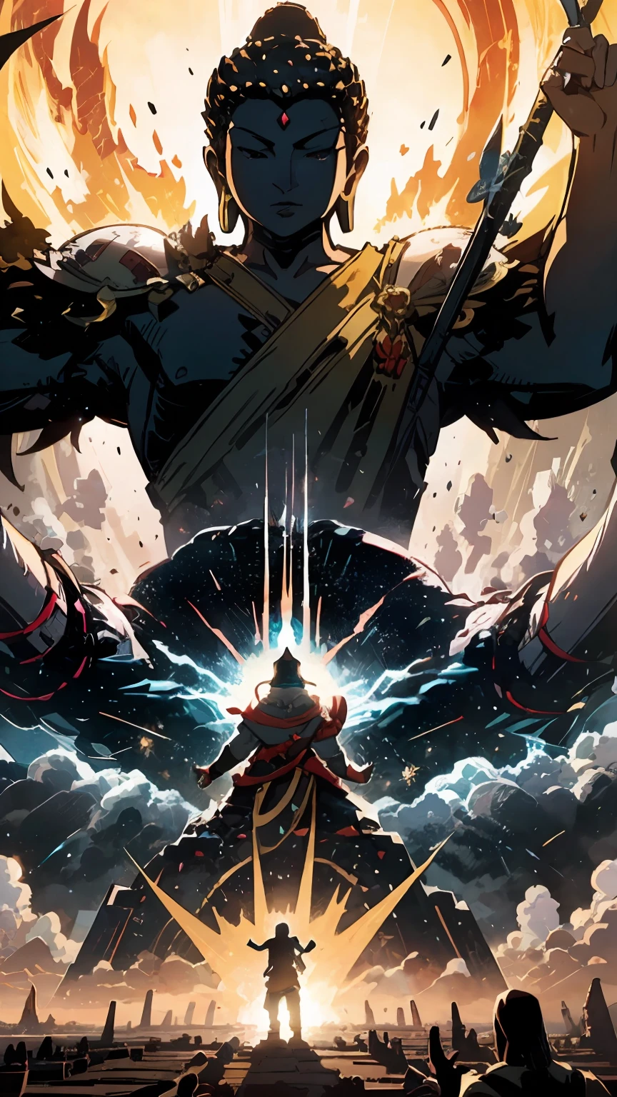 (masterpiece), best illustration, impressive artwork, divine energy, powerful and mighty, Buddha vs Gods brawl, reimagining mythology, epic showdown, explosive action, dynamic poses, incredible detailing, high-res CG artwork. --auto