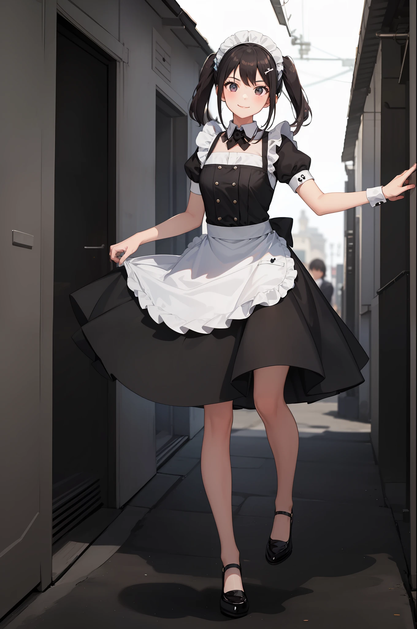 1 girl, smiling, skirt, (small) chillerism, dress, apron,,,,,,、 maid,,,,,,,,、 hair ornament, running briskly,