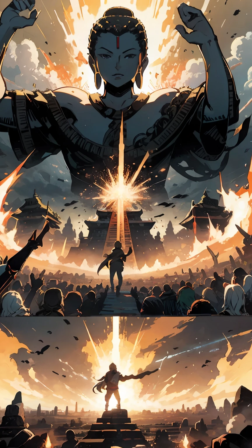 (masterpiece), best illustration, impressive artwork, divine energy, powerful and mighty, Buddha vs Gods brawl, reimagining mythology, epic showdown, explosive action, dynamic poses, incredible detailing, high-res CG artwork. --auto