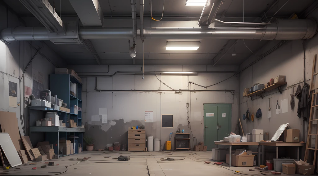 Factory interior Parts are placed on the wall, iron sheet, screws, wrenches, electric welding