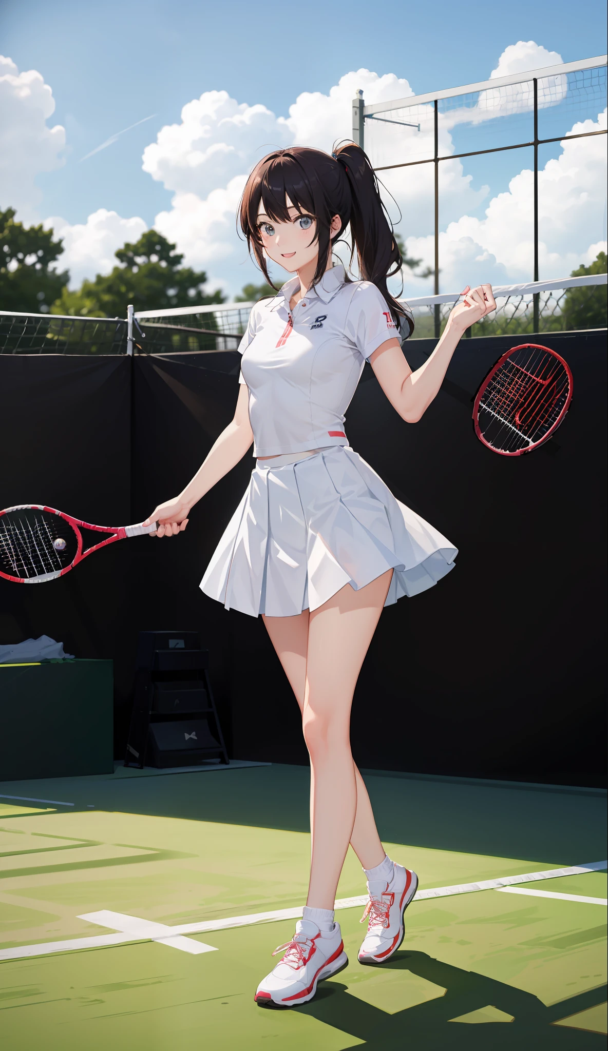 1The girls、shirts、pleated skirt、17 yr old、Bob Hair Style、smile on face、delightful!、japanes、enmaided、Chromo-white skin、Beautiful eyes、(small tits)、Playing tennis、Wimbledon、Wearing white tennis wear、cinematiclight、