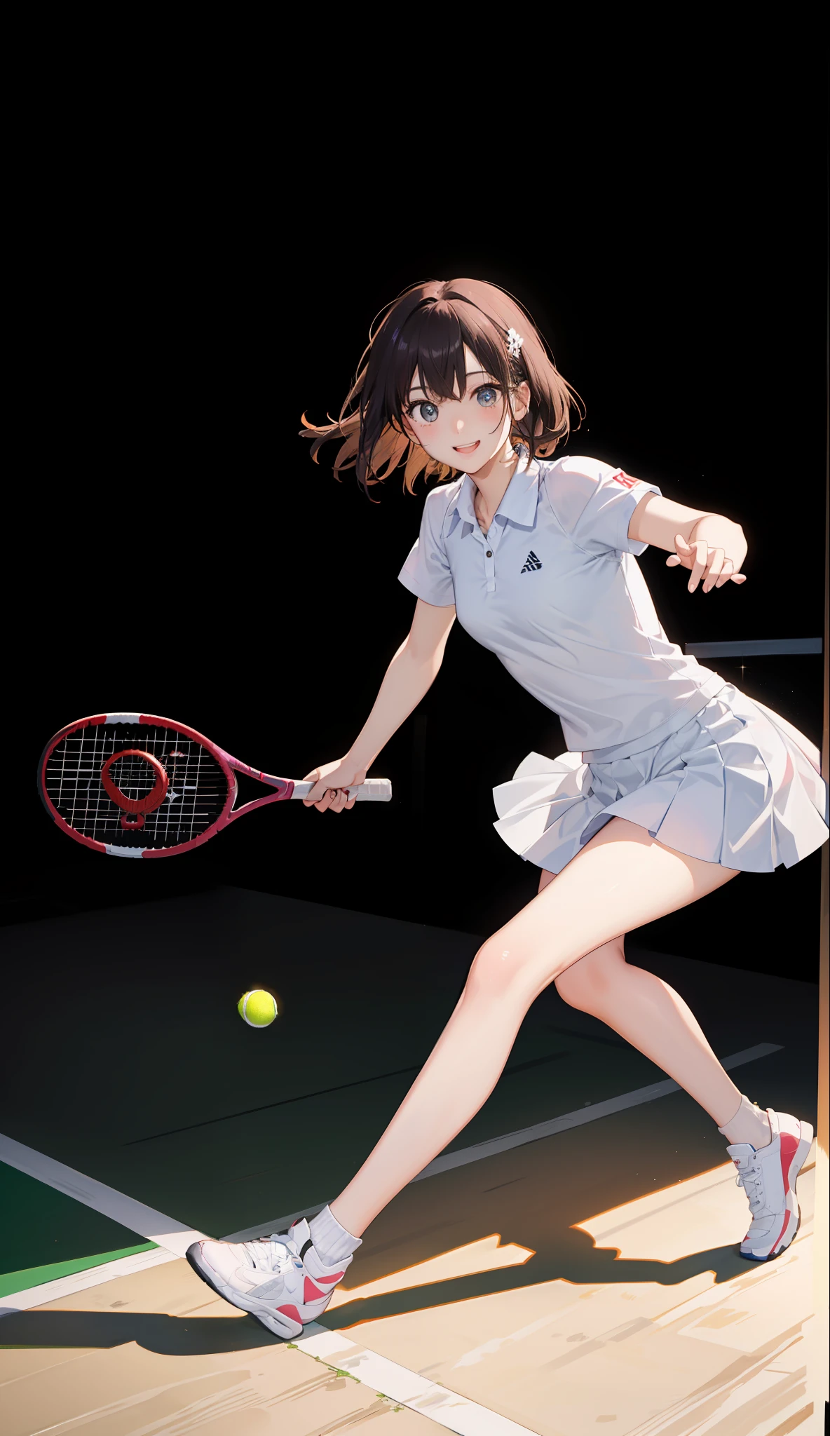 1The girls、shirts、pleated skirt、r old、Bob Hair Style、smile on face、delightful!、japanes、enmaided、Chromo-white skin、Beautiful eyes、(small tits)、Playing tennis、Wimbledon、Wearing white tennis wear、cinematiclight、