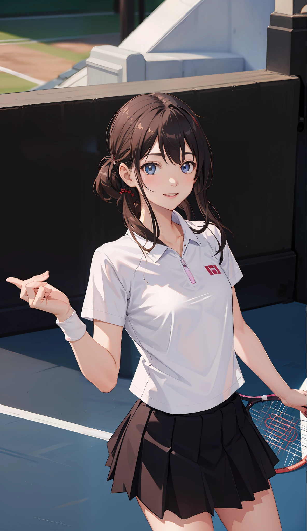 １The girls、shirts、pleated  skirt、17 yr old、Bob Hair Style、smile on face、delightful!、japanes、enmaided、Chromo-white skin、Beautiful eyes、（small tits）、Playing tennis、Wimbledon、Wearing white tennis wear、cinematiclight、