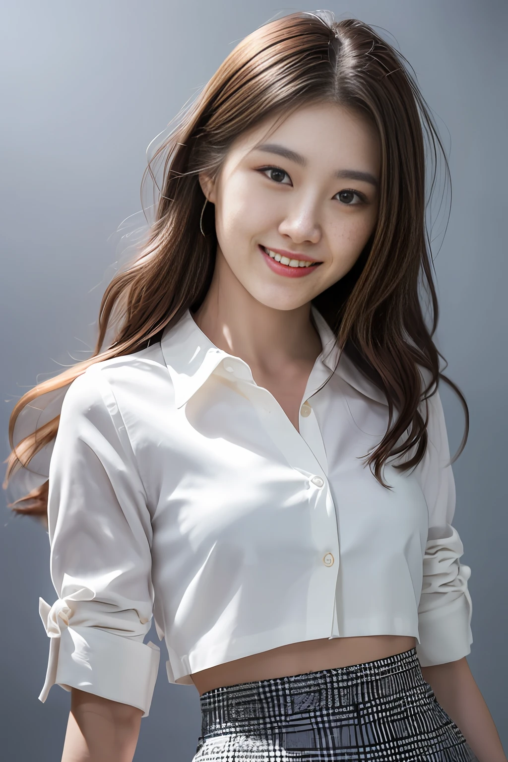 ((Best Quality, in 8K, Maste Piece: 1.3)), Japanese cool beauty, empty blue background: 1.8, White shirt, Gray skirt, Highly detailed facial and skin texture, Smile, fashion model pose