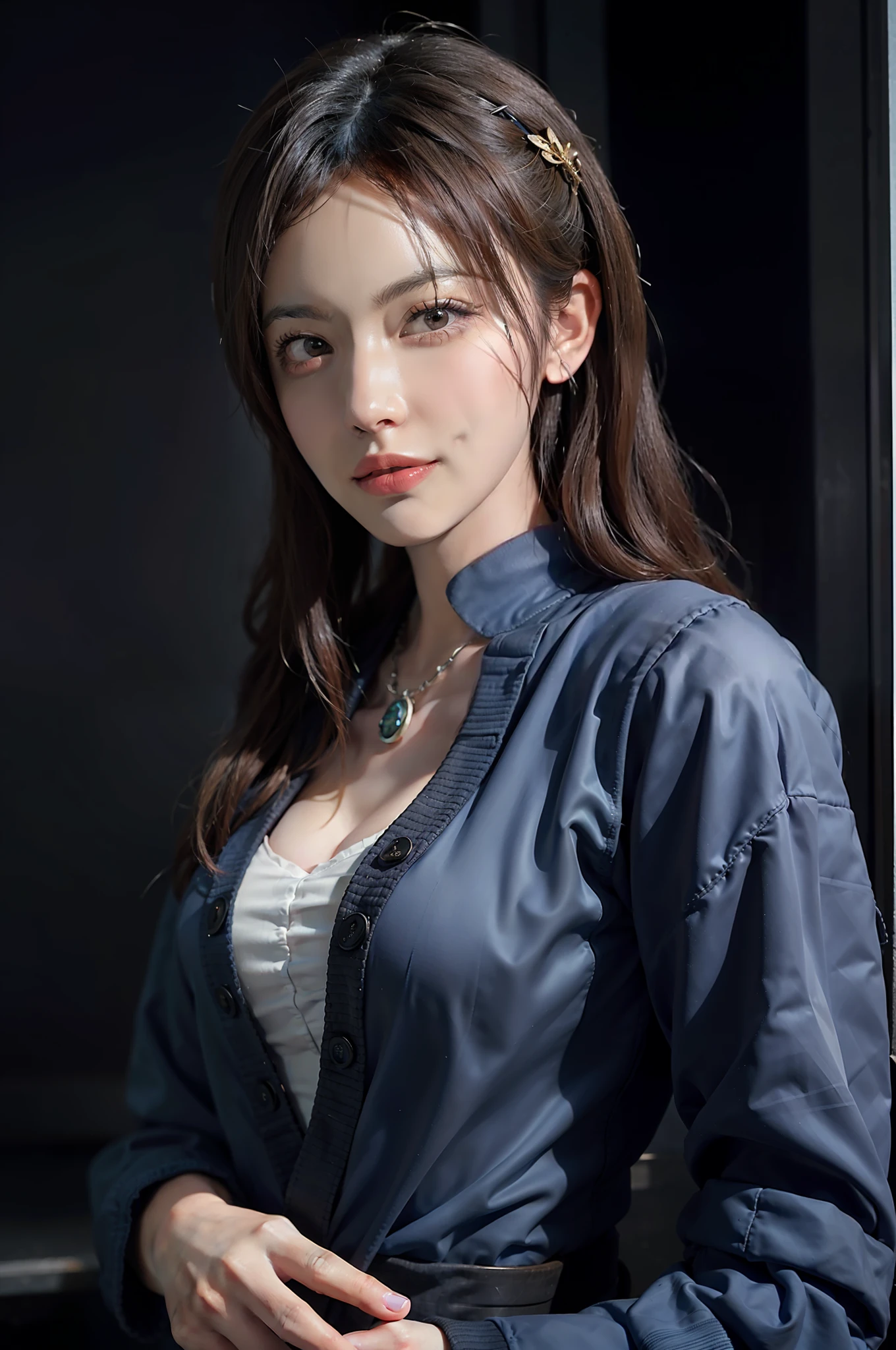 Portrait of a female hyperrealist by David Hockney and Alphonse Mucha、fantasy art behance、photorealestic、dynamic  lighting、art stations、a poster、Volumetric lighting、very highly detailed face、4 k、Award-winning、、1girl、dark、deep-shadows、lowkey、cow-boy shot、(Formula service:1.4)、length hair、shiraga、smile on face、neckless