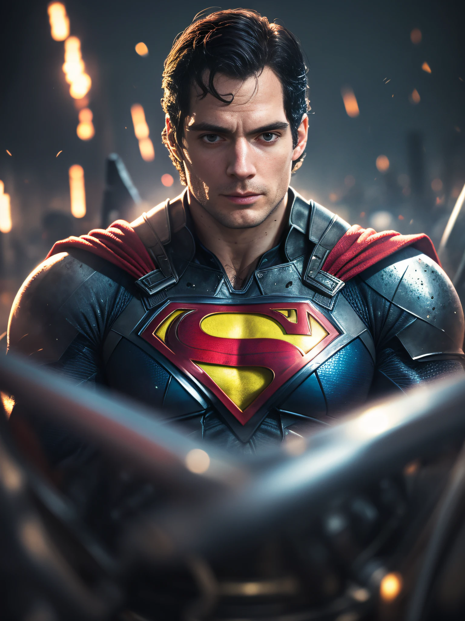 1 man, solo, Henry Cavill as Superman, 40s year old, all white and lila and black details suit, bare hands, big red H symbol on the chest, golden cape, strain of hair covering forehead, short cut hair, tidy hair, tall, manly, hunk body, muscular, wide shoulder, straight face, black hair, best quality, high resolution:1.2, masterpiece, photorealism, dark background, detailed suit, detailed face, upper body shot, crossed arms, runic scene in the background