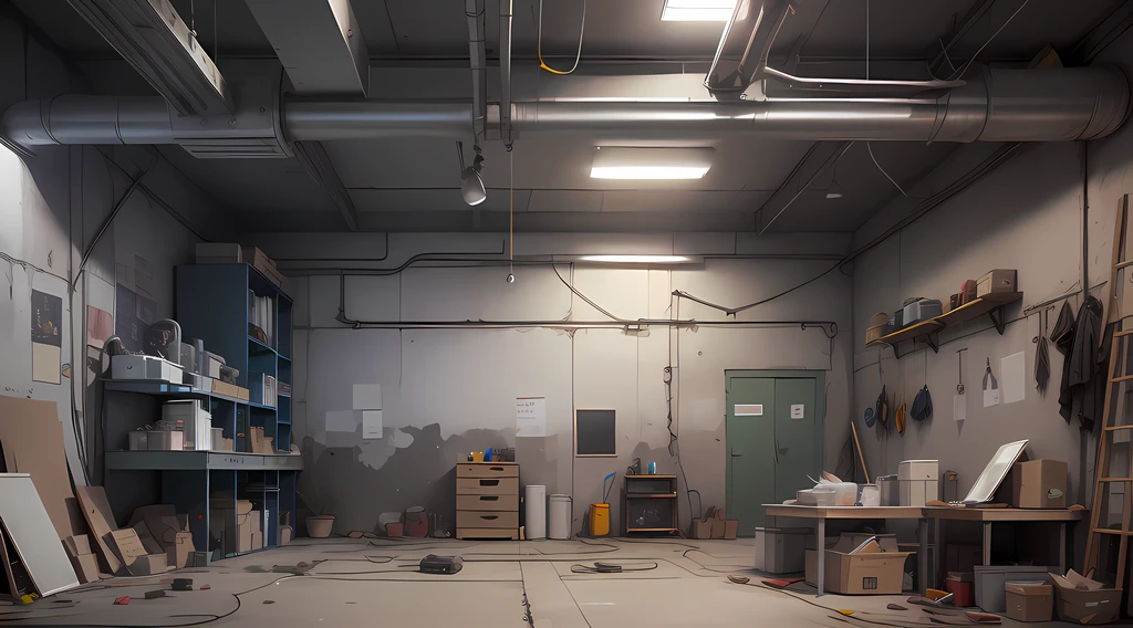 Factory interior Parts are placed on the wall, iron sheet, screws, wrenches, electric welding