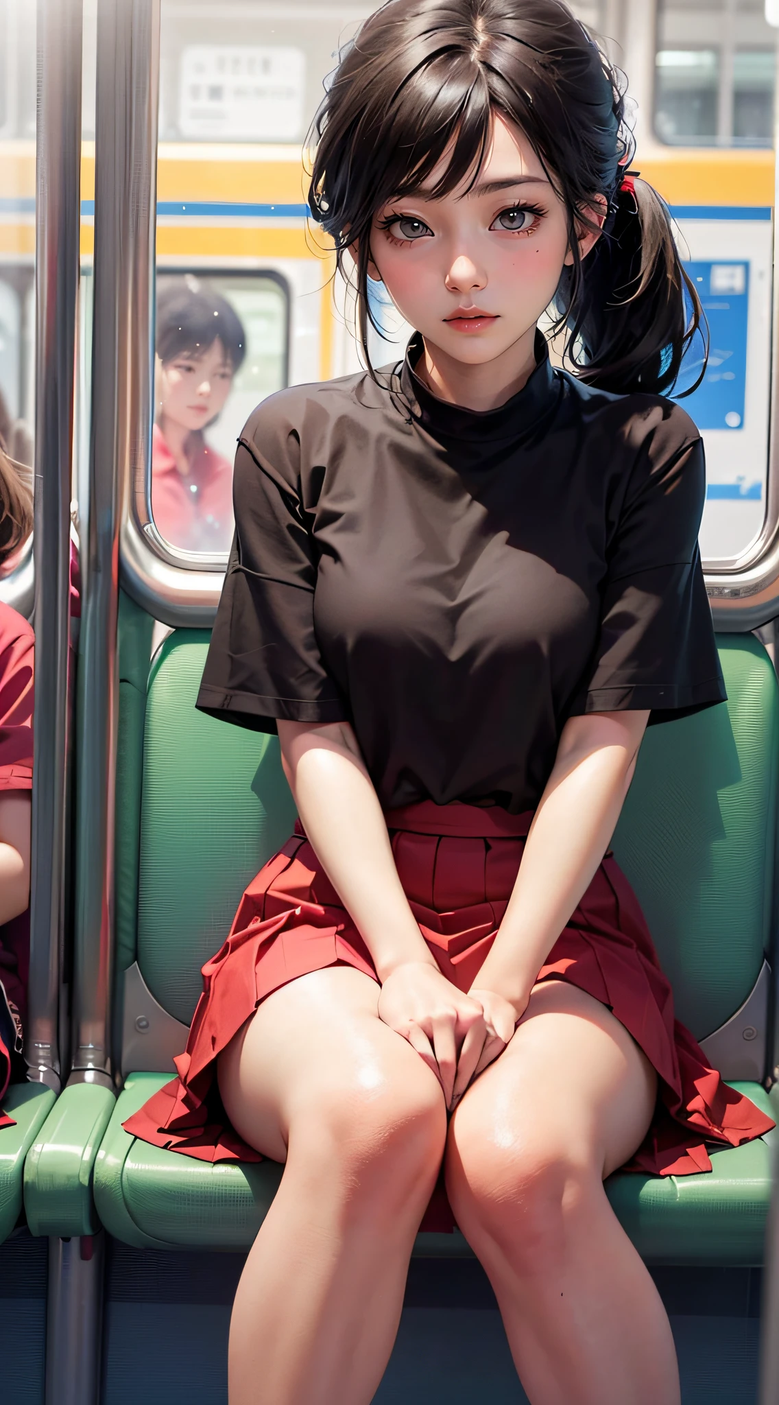 “(nmasterpiece,high-definition,ultra high def,4K)Black hair with double ponytail,14 years old Japanese girl,Red tight skirt,emphasizing thighs,Exposing the skin of the legs,soft thighs,Glossy thighs,sat down in train aile,Face-to-face perspective,(From the angle below),Sit in the train seat,Sit in front,Crotch zoom camera,Feet on the train floor,Whole human body,Head down and sleepy-eyed,Just look at the audience", 最佳质量, ultra high def, (make realistic:1.4), high resolucion, specifics,